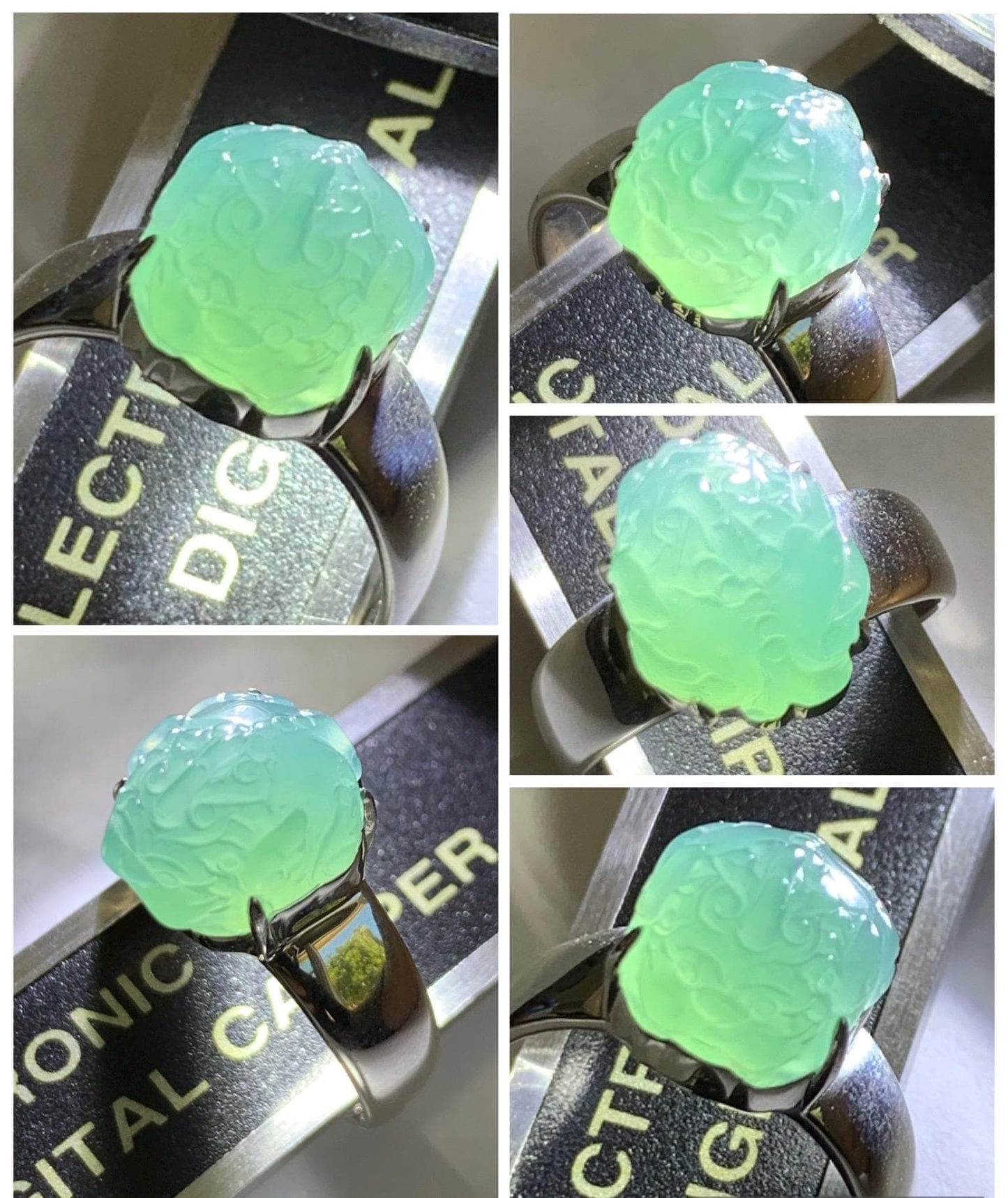 Certified Natural Grade A Guatemalan Icy Translucent Teal Jade Jadeite Carved Pixiu Ring Sterling Silver size 7.25 US 天然冰胶危蓝绿翡翠貔貅银镶戒指 229