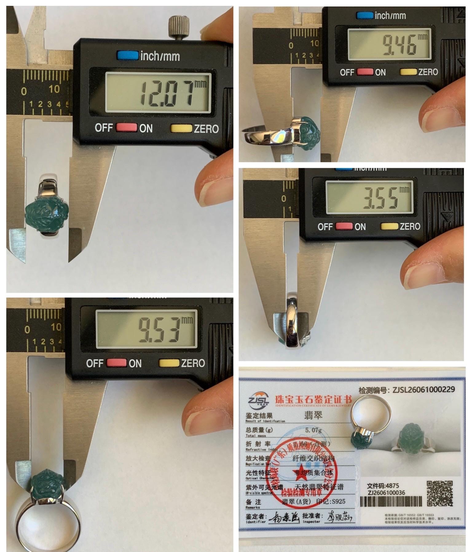 Certified Natural Grade A Guatemalan Icy Translucent Teal Jade Jadeite Carved Pixiu Ring Sterling Silver size 7.25 US 天然冰胶危蓝绿翡翠貔貅银镶戒指 229
