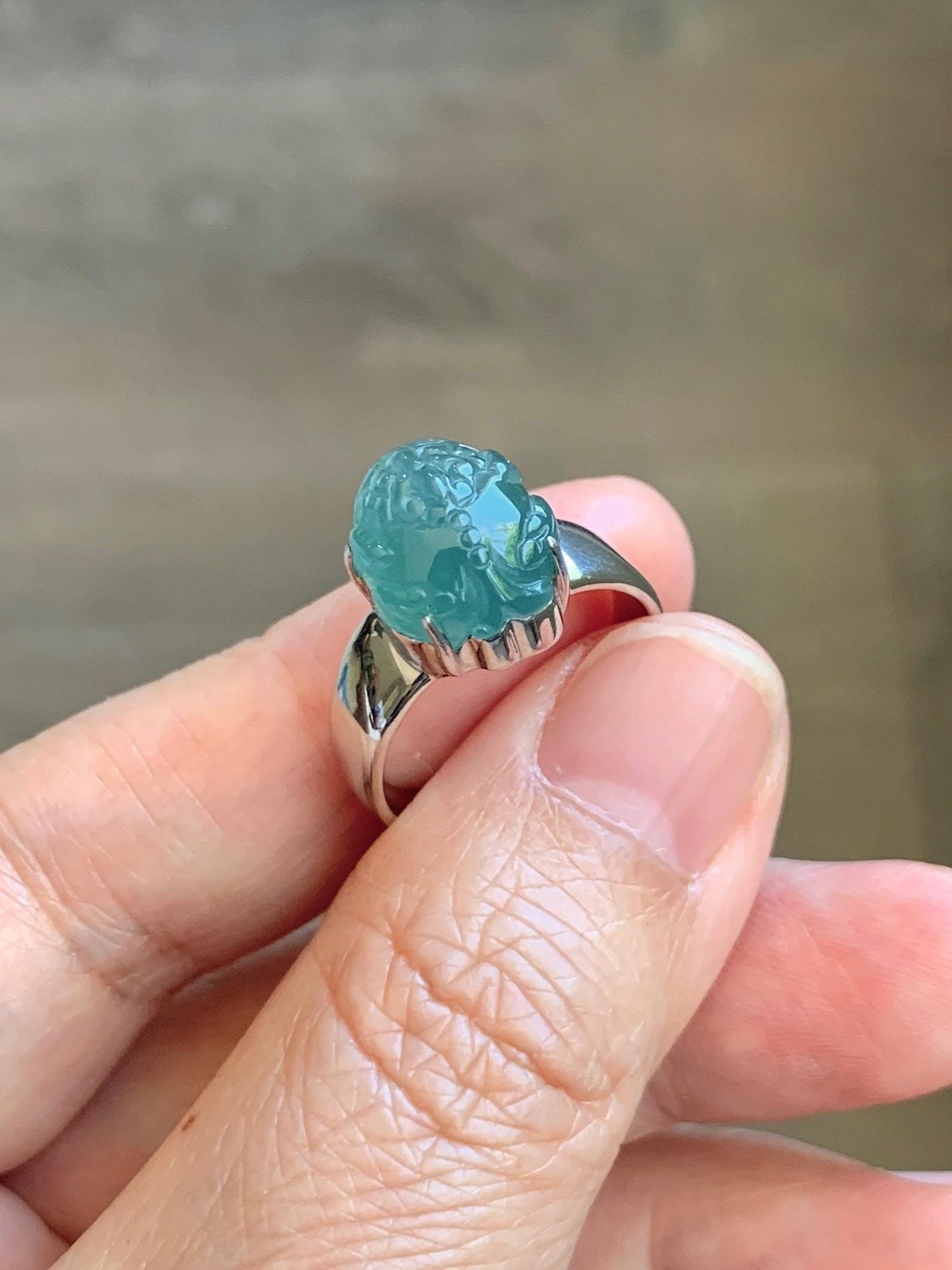 Certified Natural Grade A Guatemalan Icy Translucent Teal Jade Jadeite Carved Pixiu Ring Sterling Silver size 7.25 US 天然冰胶危蓝绿翡翠貔貅银镶戒指 229