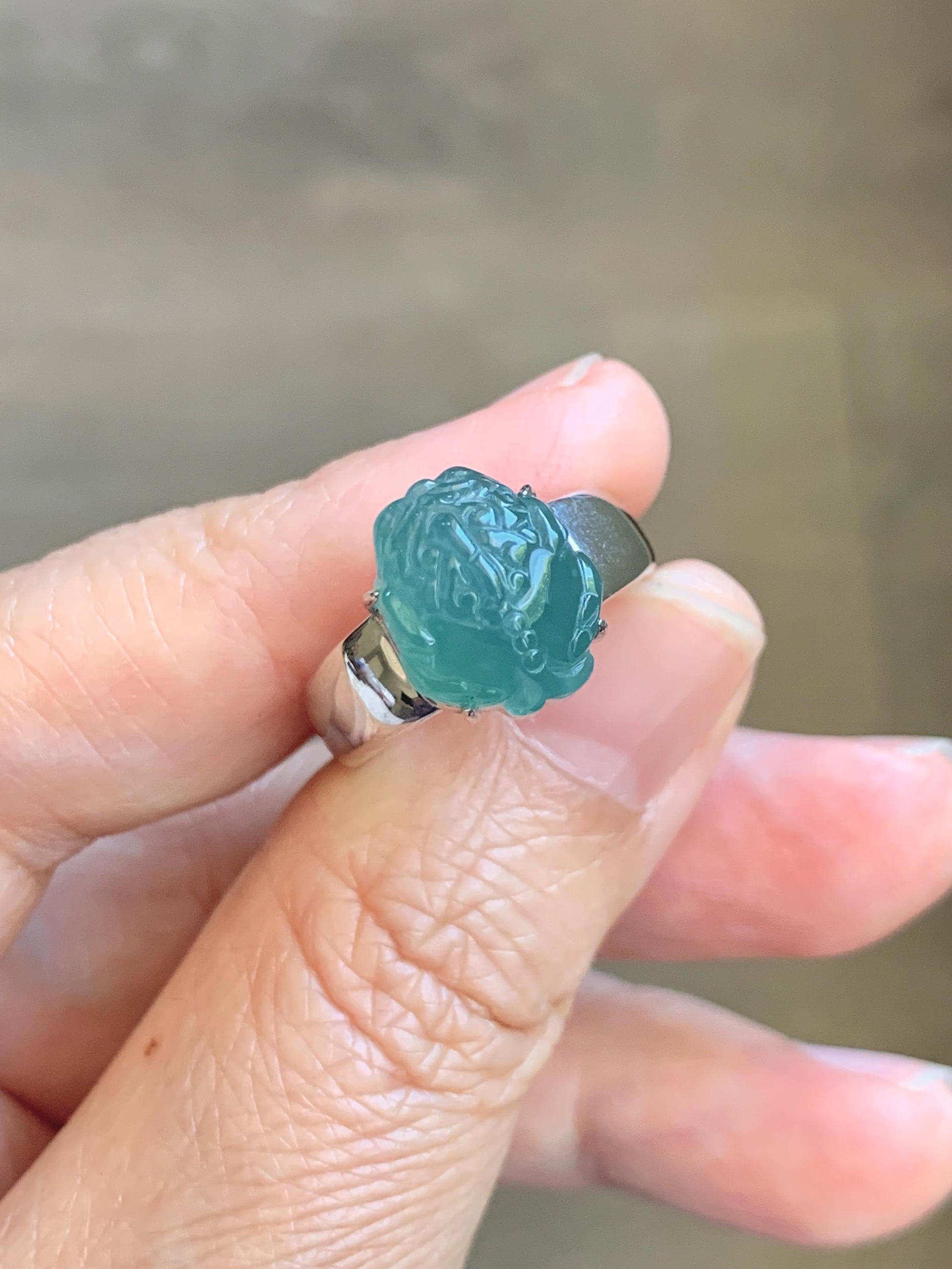 Certified Natural Grade A Guatemalan Icy Translucent Teal Jade Jadeite Carved Pixiu Ring Sterling Silver size 7.25 US 天然冰胶危蓝绿翡翠貔貅银镶戒指 229