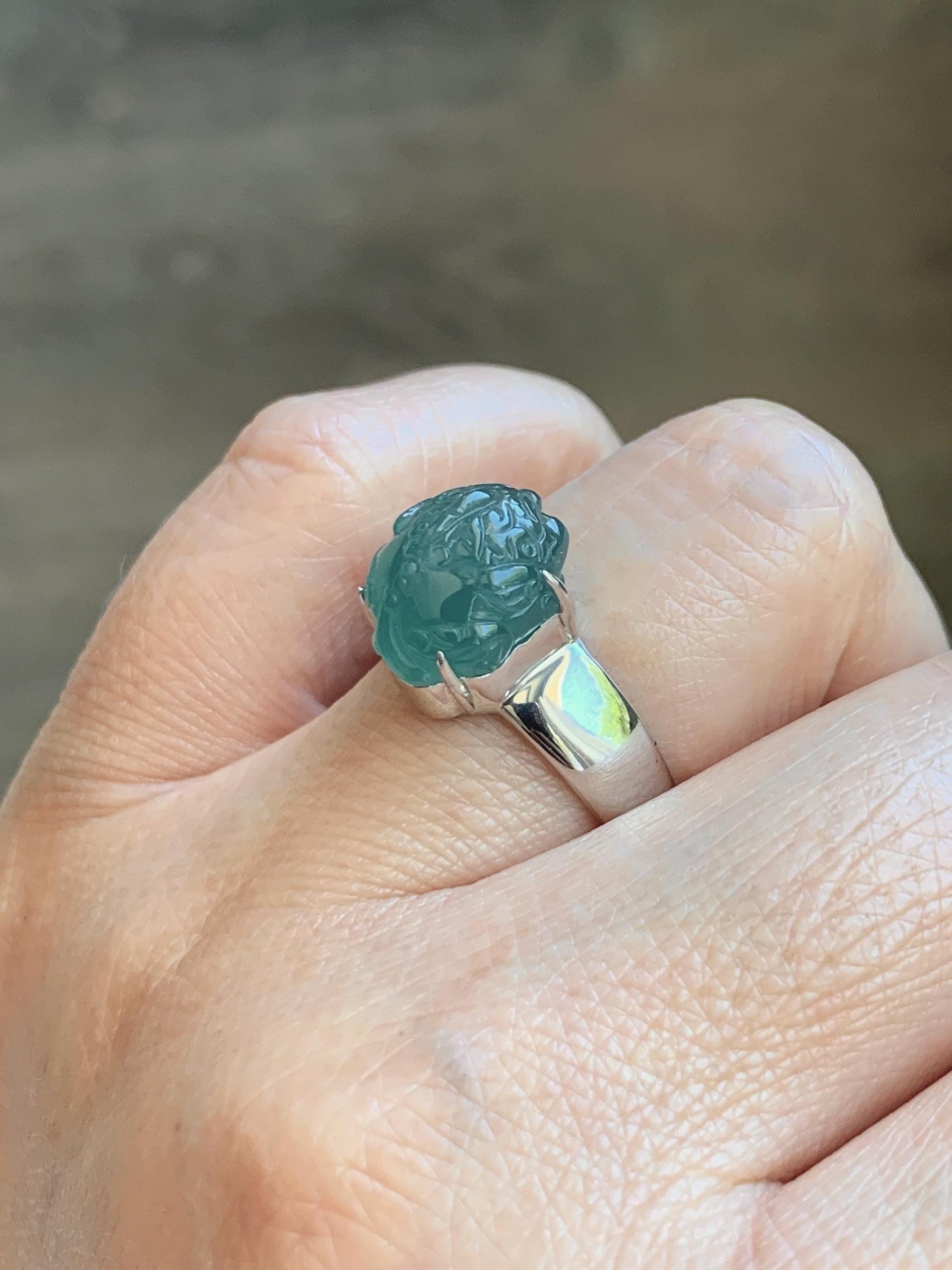 Certified Natural Grade A Guatemalan Icy Translucent Teal Jade Jadeite Carved Pixiu Ring Sterling Silver size 7.25 US 天然冰胶危蓝绿翡翠貔貅银镶戒指 229