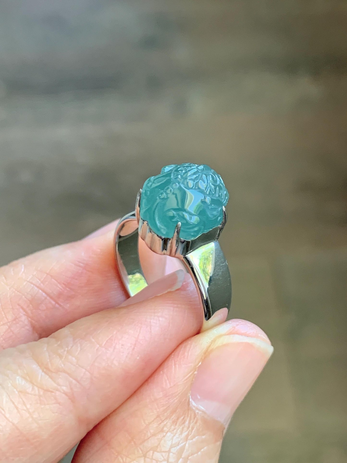 Certified Natural Grade A Guatemalan Icy Translucent Teal Jade Jadeite Carved Pixiu Ring Sterling Silver size 7.25 US 天然冰胶危蓝绿翡翠貔貅银镶戒指 229