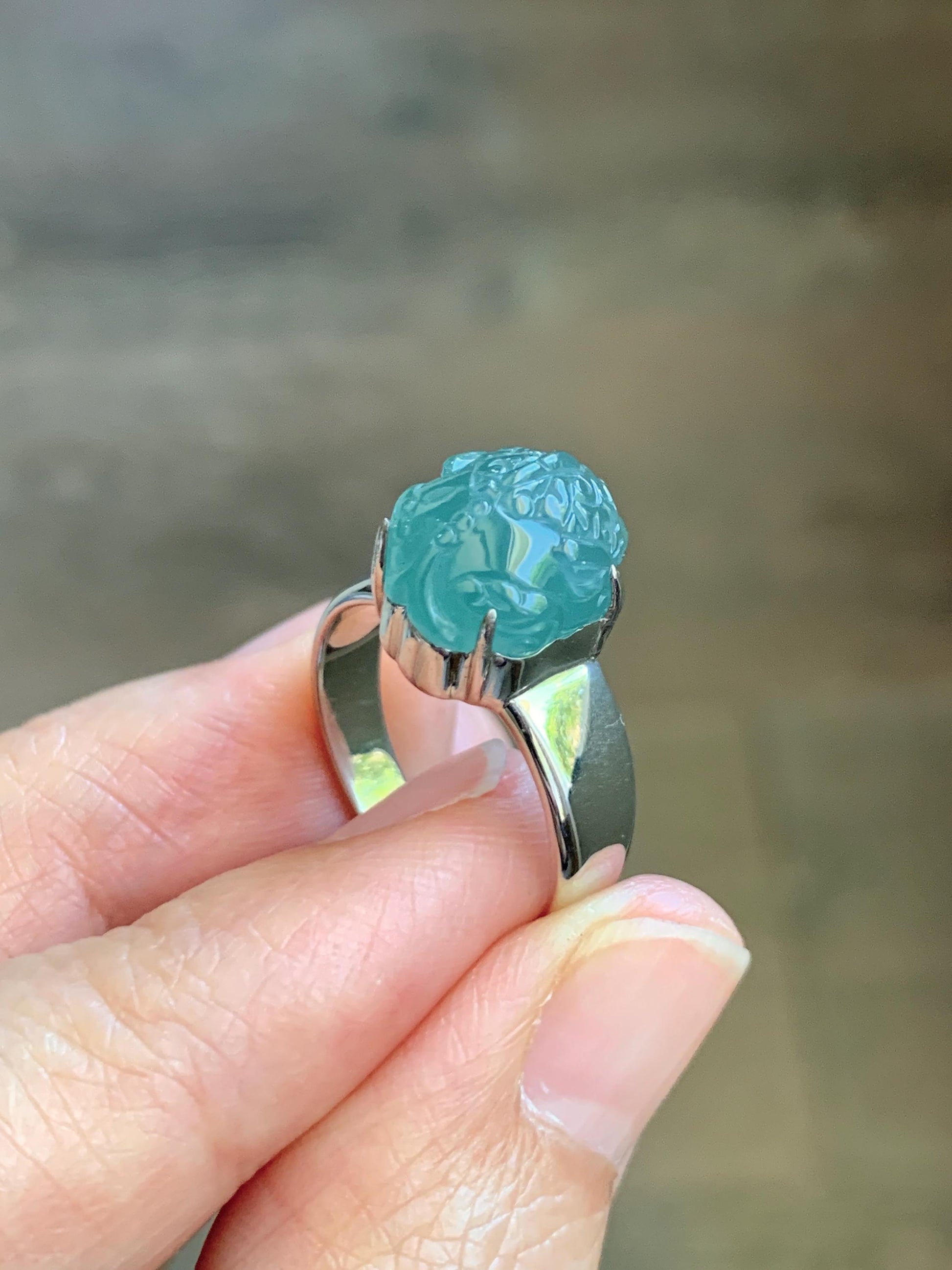Certified Natural Grade A Guatemalan Icy Translucent Teal Jade Jadeite Carved Pixiu Ring Sterling Silver size 7.25 US 天然冰胶危蓝绿翡翠貔貅银镶戒指 229