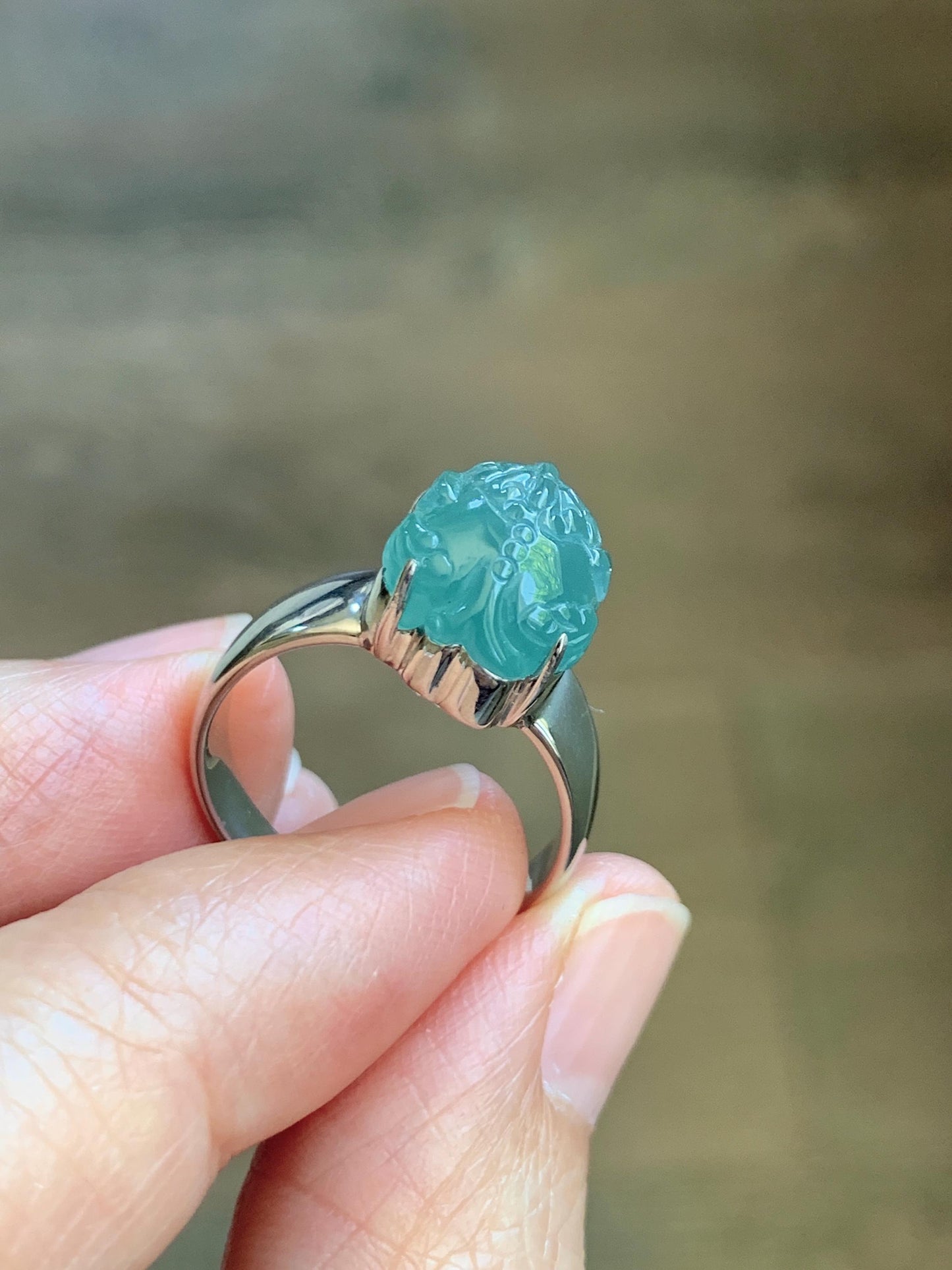Certified Natural Grade A Guatemalan Icy Translucent Teal Jade Jadeite Carved Pixiu Ring Sterling Silver size 7.25 US 天然冰胶危蓝绿翡翠貔貅银镶戒指 229