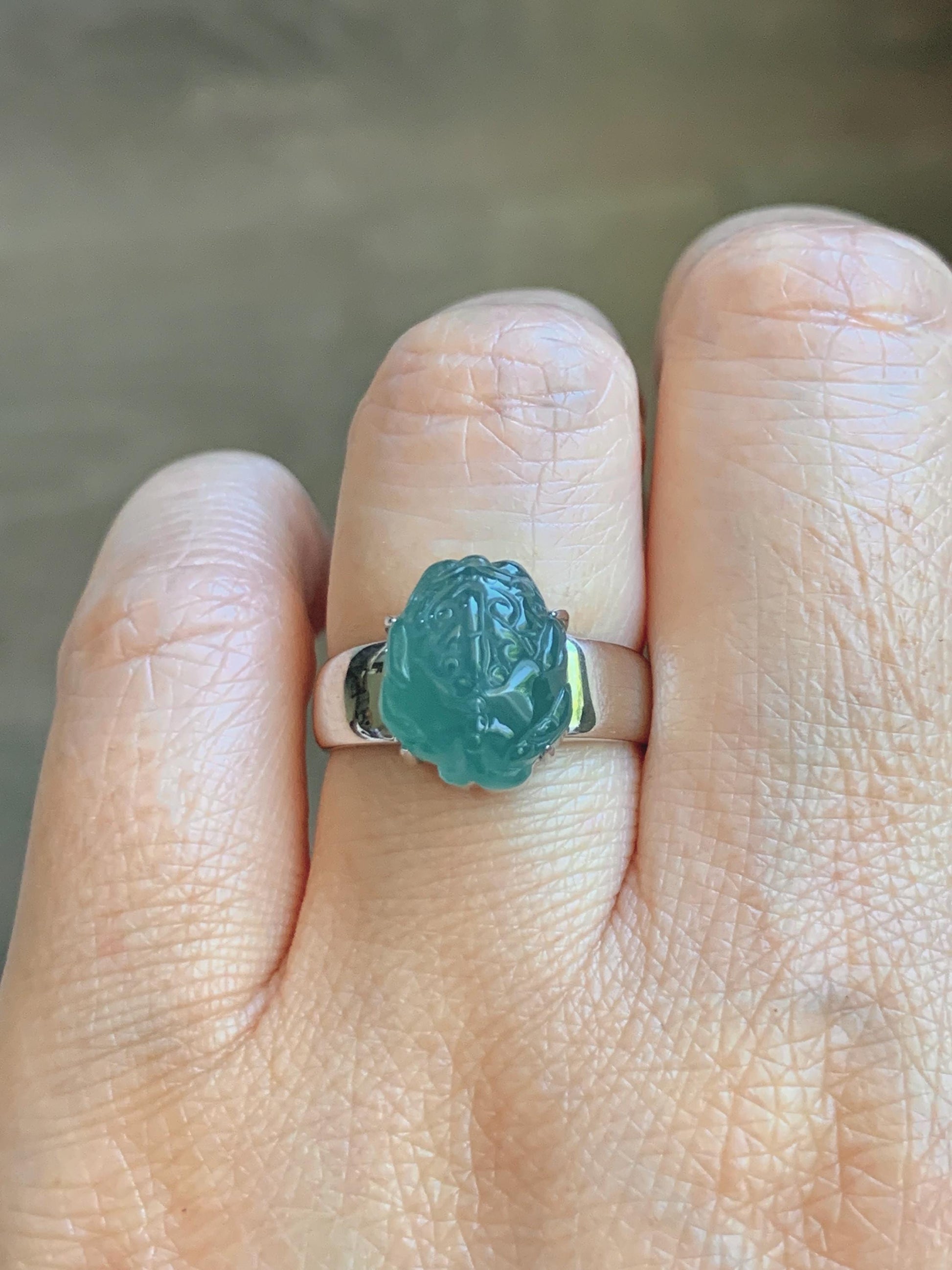 Certified Natural Grade A Guatemalan Icy Translucent Teal Jade Jadeite Carved Pixiu Ring Sterling Silver size 7.25 US 天然冰胶危蓝绿翡翠貔貅银镶戒指 229