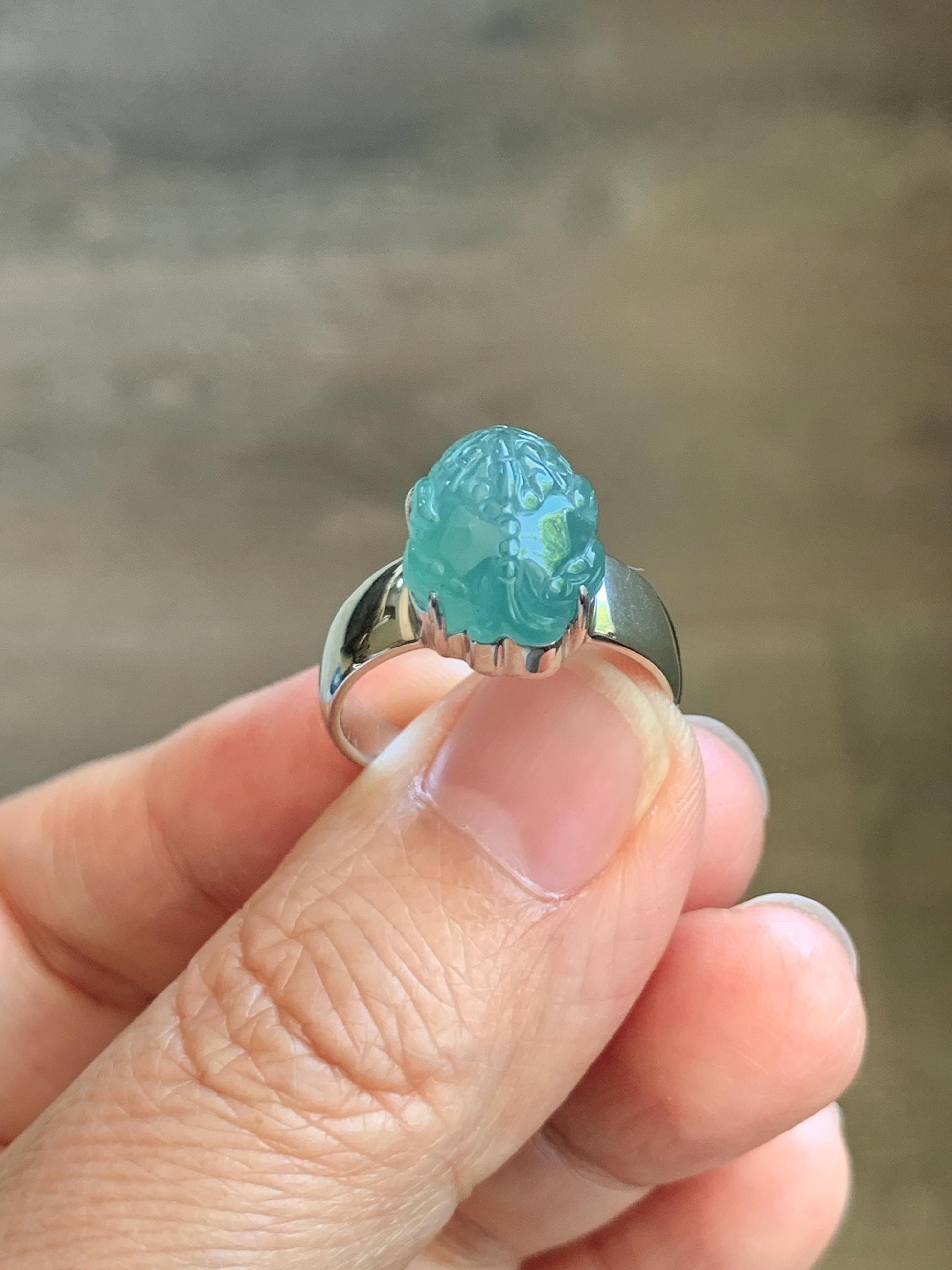 Certified Natural Grade A Guatemalan Icy Translucent Teal Jade Jadeite Carved Pixiu Ring Sterling Silver size 7.25 US 天然冰胶危蓝绿翡翠貔貅银镶戒指 229