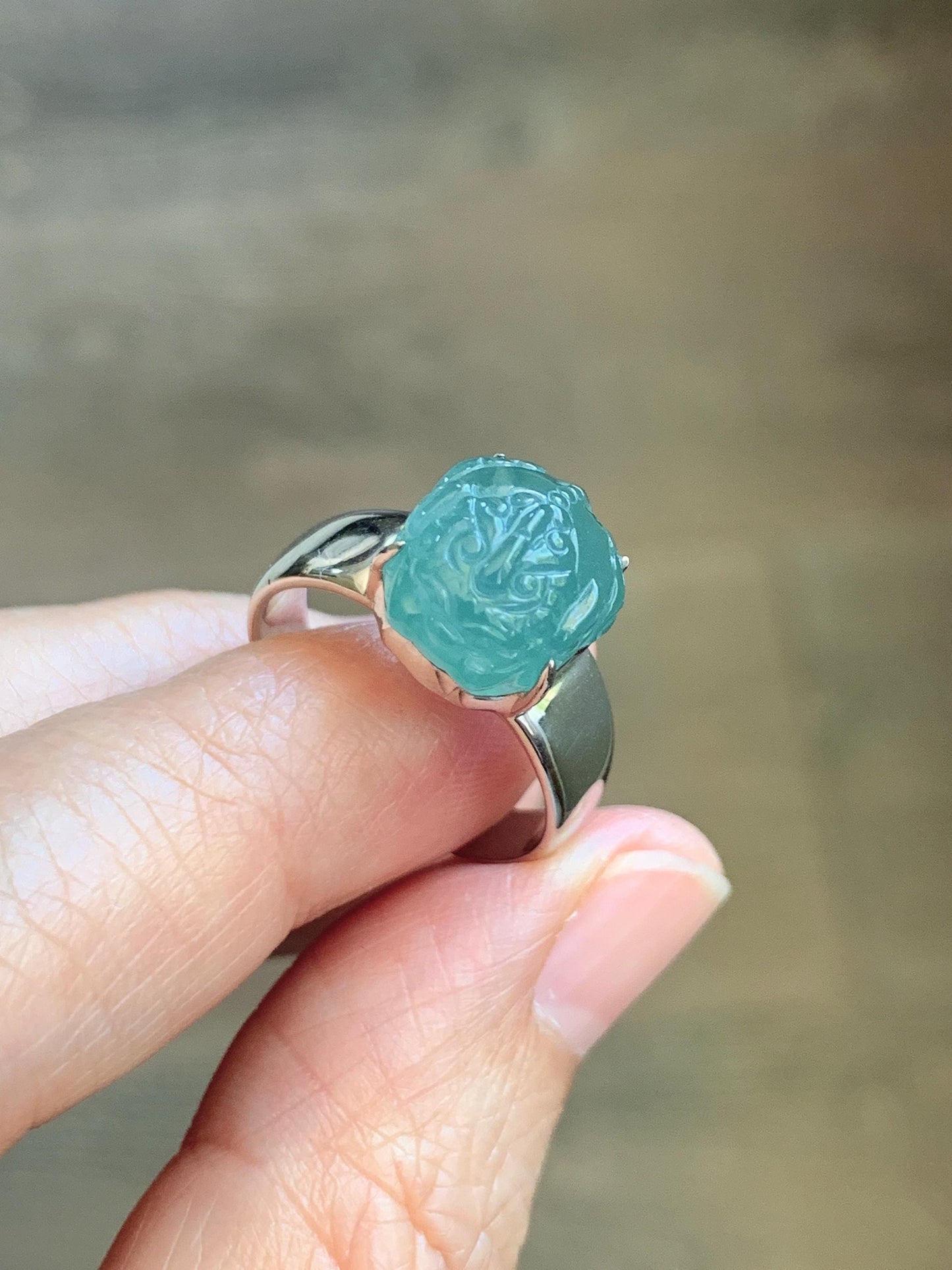 Certified Natural Grade A Guatemalan Icy Translucent Teal Jade Jadeite Carved Pixiu Ring Sterling Silver size 7.25 US 天然冰胶危蓝绿翡翠貔貅银镶戒指 229