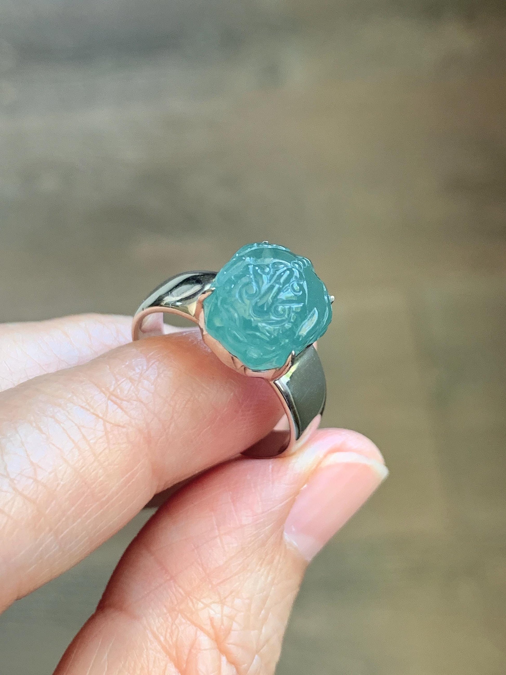 Certified Natural Grade A Guatemalan Icy Translucent Teal Jade Jadeite Carved Pixiu Ring Sterling Silver size 7.25 US 天然冰胶危蓝绿翡翠貔貅银镶戒指 229