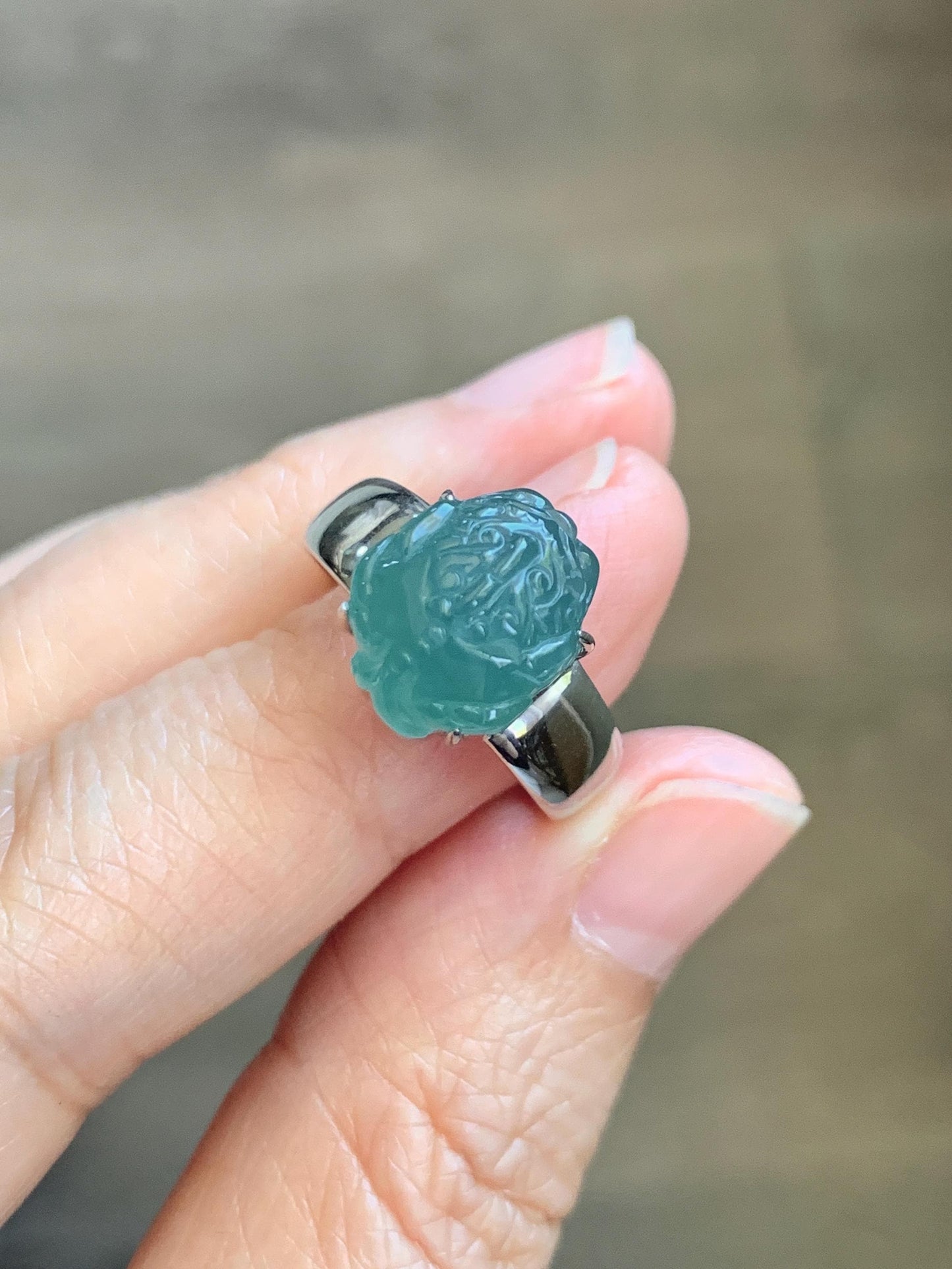 Certified Natural Grade A Guatemalan Icy Translucent Teal Jade Jadeite Carved Pixiu Ring Sterling Silver size 7.25 US 天然冰胶危蓝绿翡翠貔貅银镶戒指 229