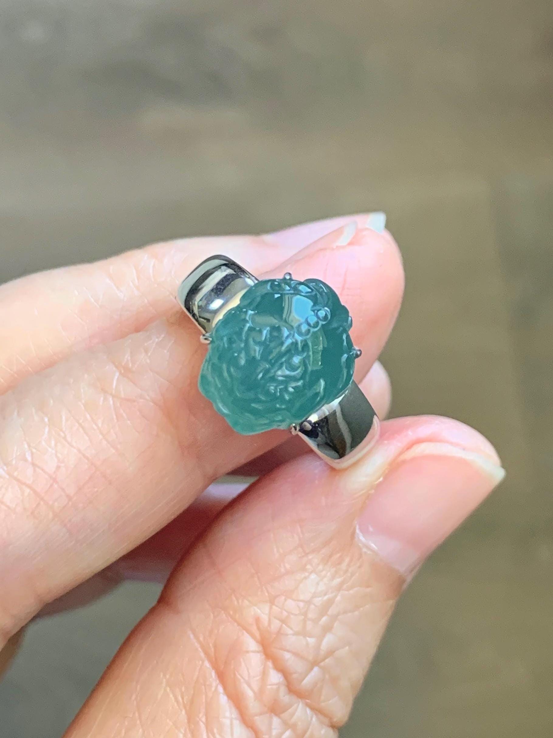 Certified Natural Grade A Guatemalan Icy Translucent Teal Jade Jadeite Carved Pixiu Ring Sterling Silver size 7.25 US 天然冰胶危蓝绿翡翠貔貅银镶戒指 229