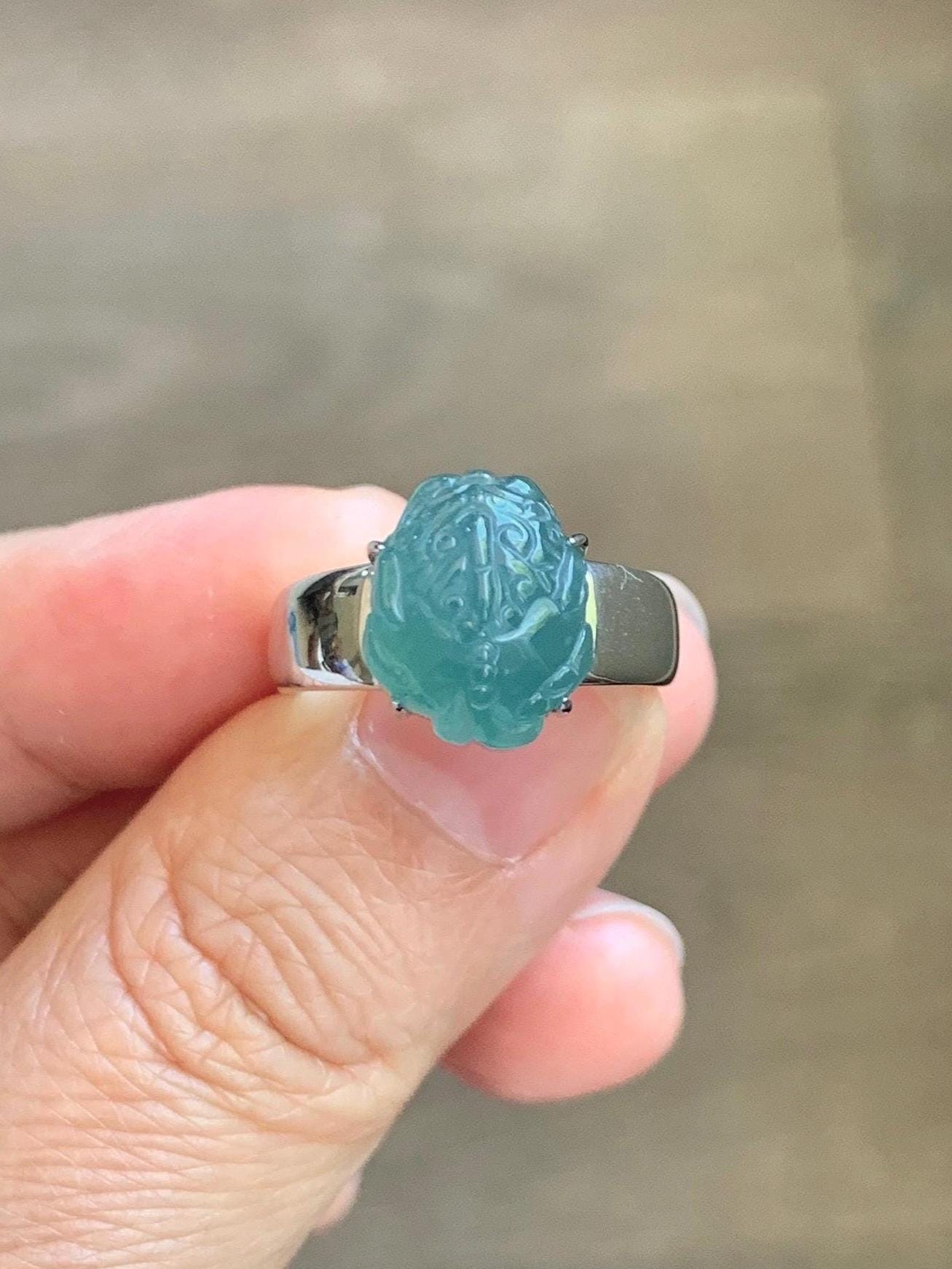 Certified Natural Grade A Guatemalan Icy Translucent Teal Jade Jadeite Carved Pixiu Ring Sterling Silver size 7.25 US 天然冰胶危蓝绿翡翠貔貅银镶戒指 229