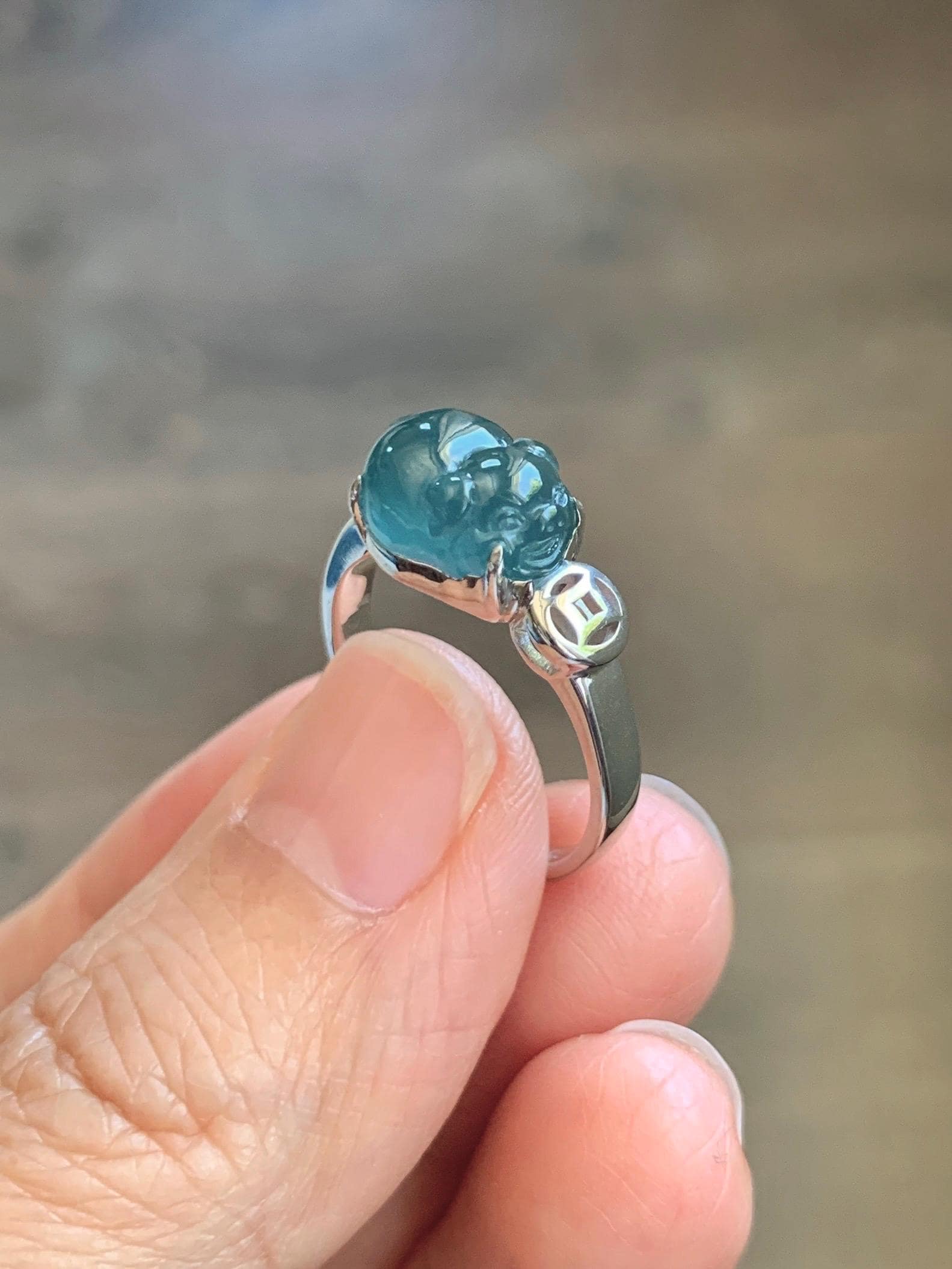 Certified Natural Grade A Guatemalan Icy Translucent Dark Teal Blue Jade Jadeite Carved Pig Ring Sterling Silver size 7 US 天然冰胶危蓝绿翡翠小猪戒指 234