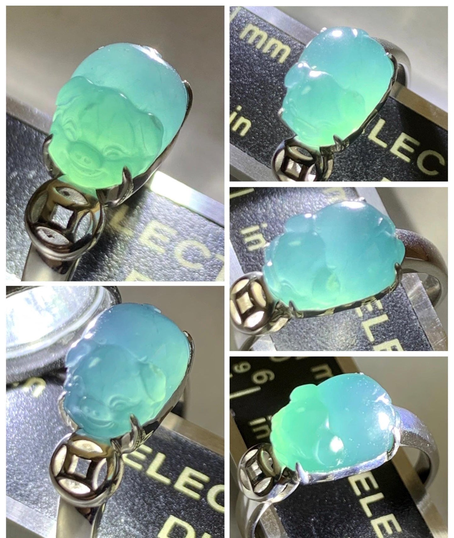 Certified Natural Grade A Guatemalan Icy Translucent Dark Teal Blue Jade Jadeite Carved Pig Ring Sterling Silver size 7 US 天然冰胶危蓝绿翡翠小猪戒指 234