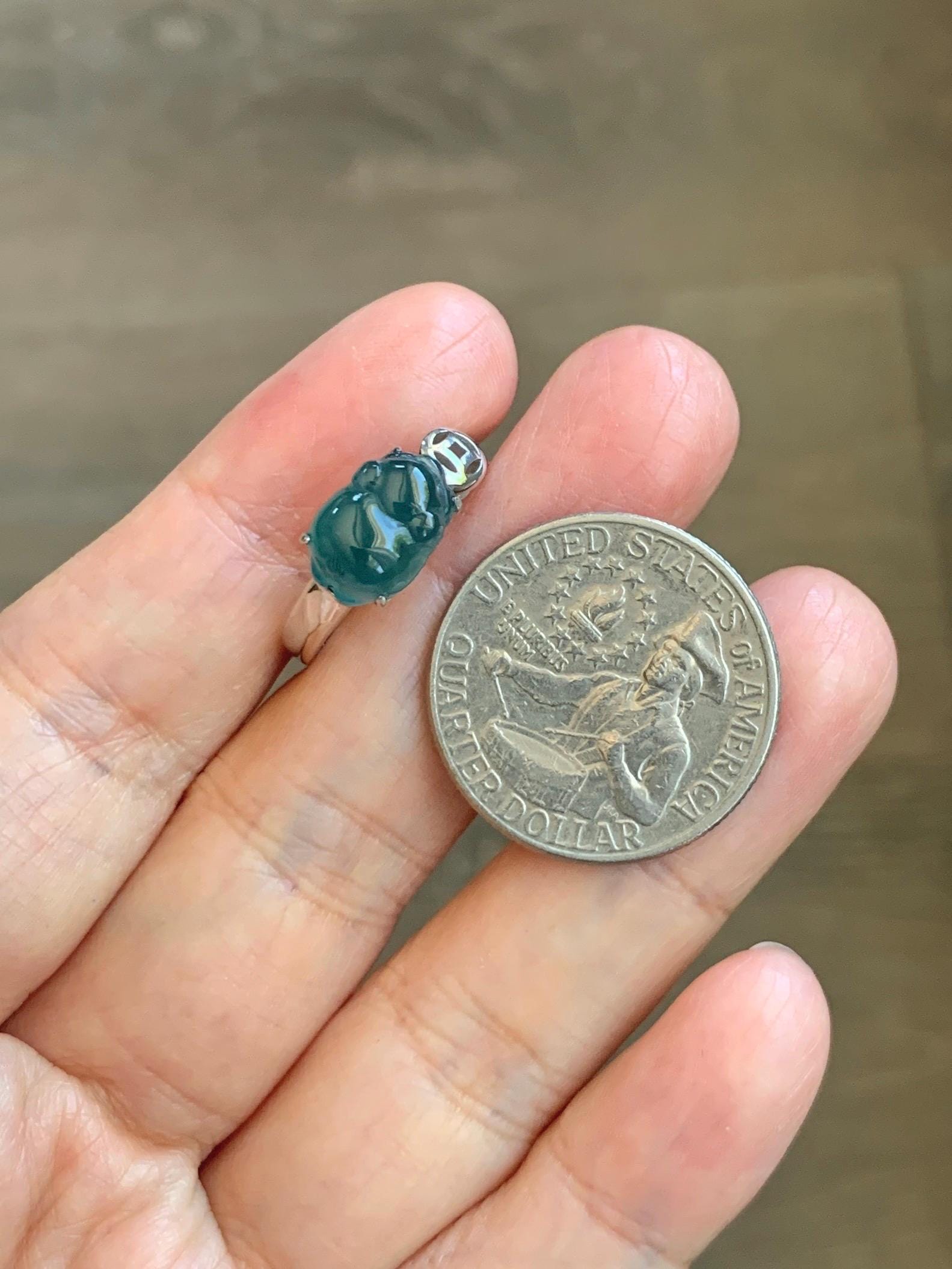 Certified Natural Grade A Guatemalan Icy Translucent Dark Teal Blue Jade Jadeite Carved Pig Ring Sterling Silver size 7 US 天然冰胶危蓝绿翡翠小猪戒指 234