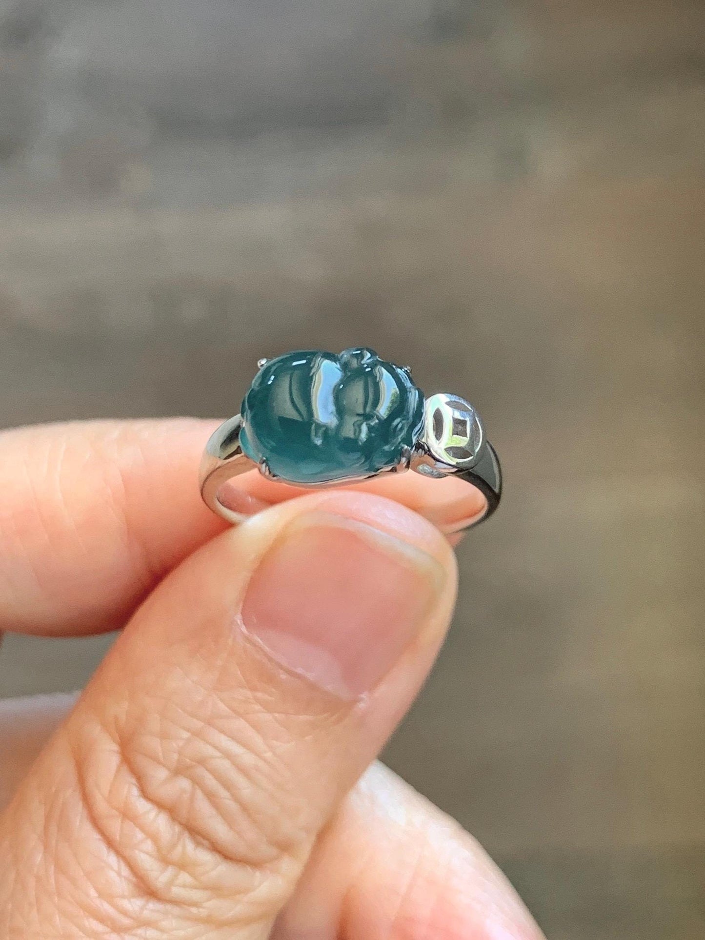 Certified Natural Grade A Guatemalan Icy Translucent Dark Teal Blue Jade Jadeite Carved Pig Ring Sterling Silver size 7 US 天然冰胶危蓝绿翡翠小猪戒指 234