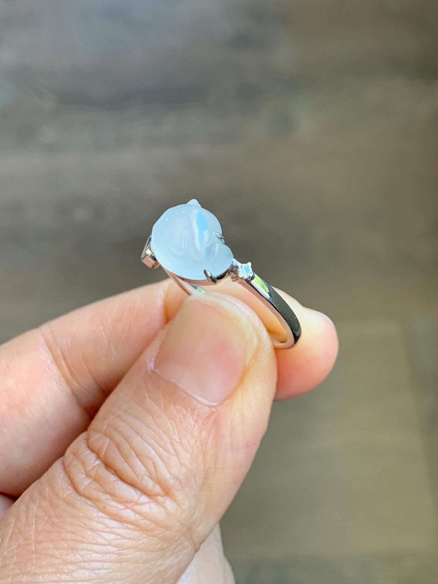 Certified Natural Grade A Icy Translucent White Jade Jadeite Carved Narwhal Unicorn Ring Sterling Silver Size 7.25 US 天然白冰翡翠独角鲸银镶戒指 226