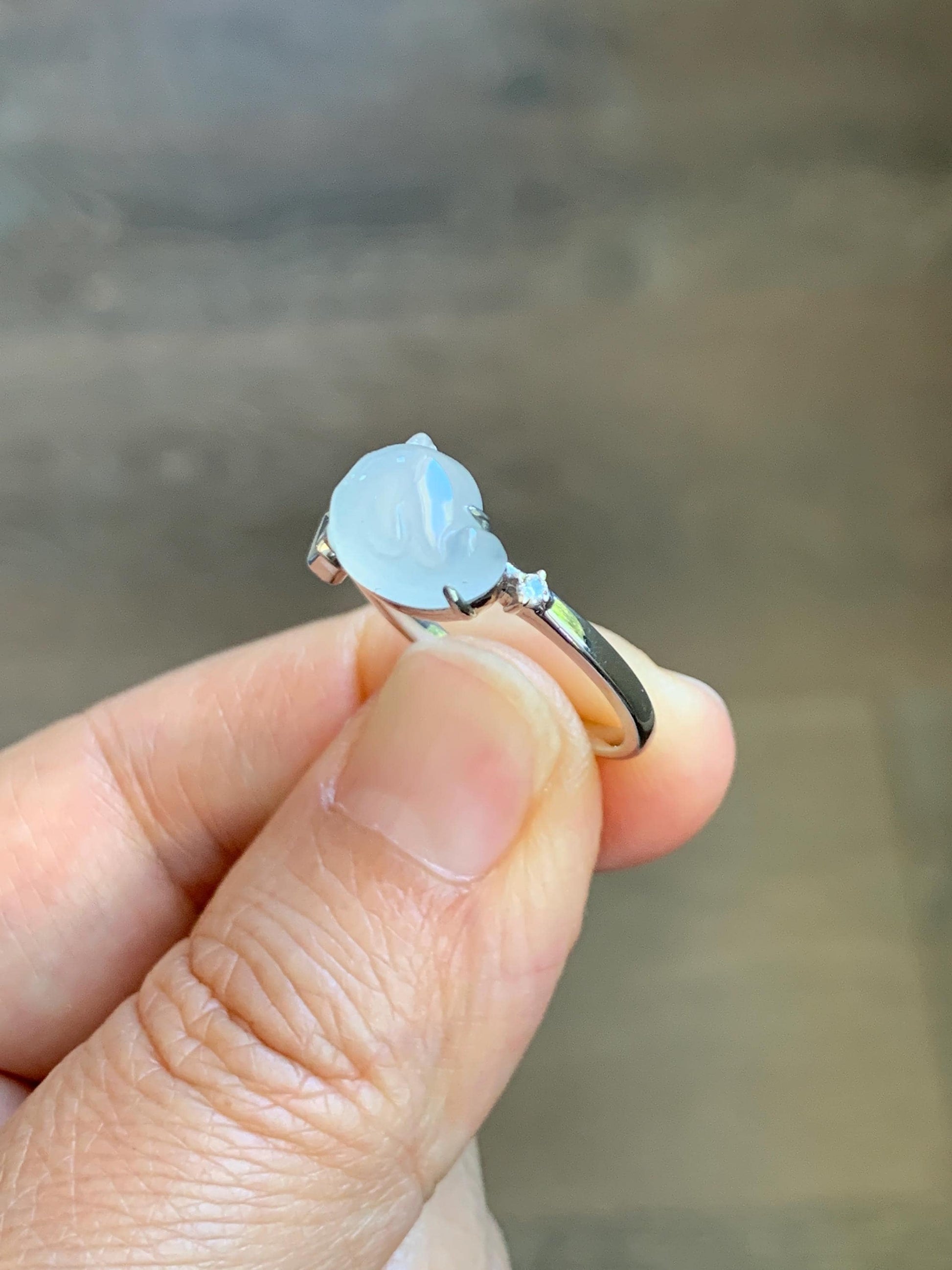 Certified Natural Grade A Icy Translucent White Jade Jadeite Carved Narwhal Unicorn Ring Sterling Silver Size 7.25 US 天然白冰翡翠独角鲸银镶戒指 226
