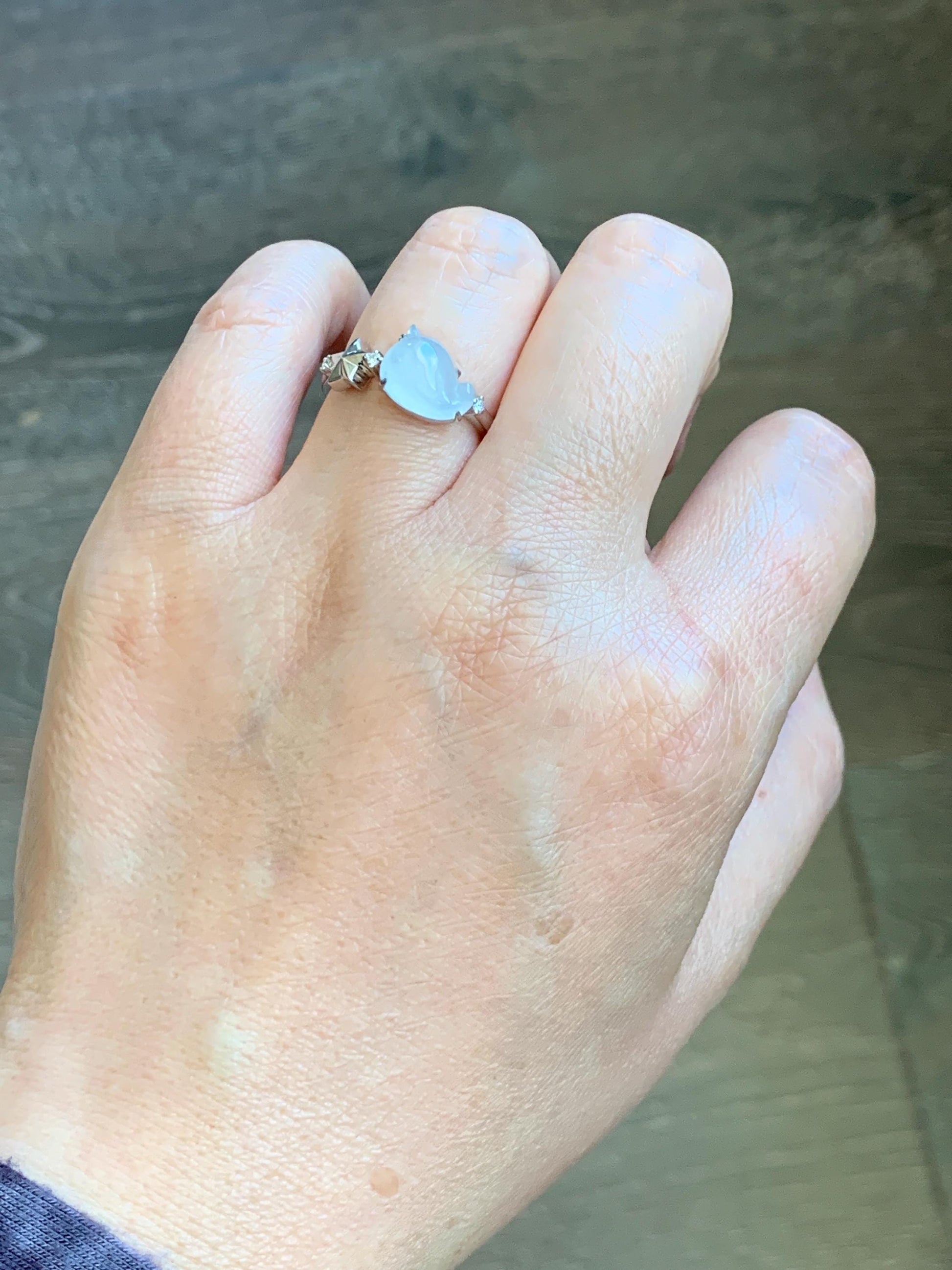Certified Natural Grade A Icy Translucent White Jade Jadeite Carved Narwhal Unicorn Ring Sterling Silver Size 7.25 US 天然白冰翡翠独角鲸银镶戒指 226