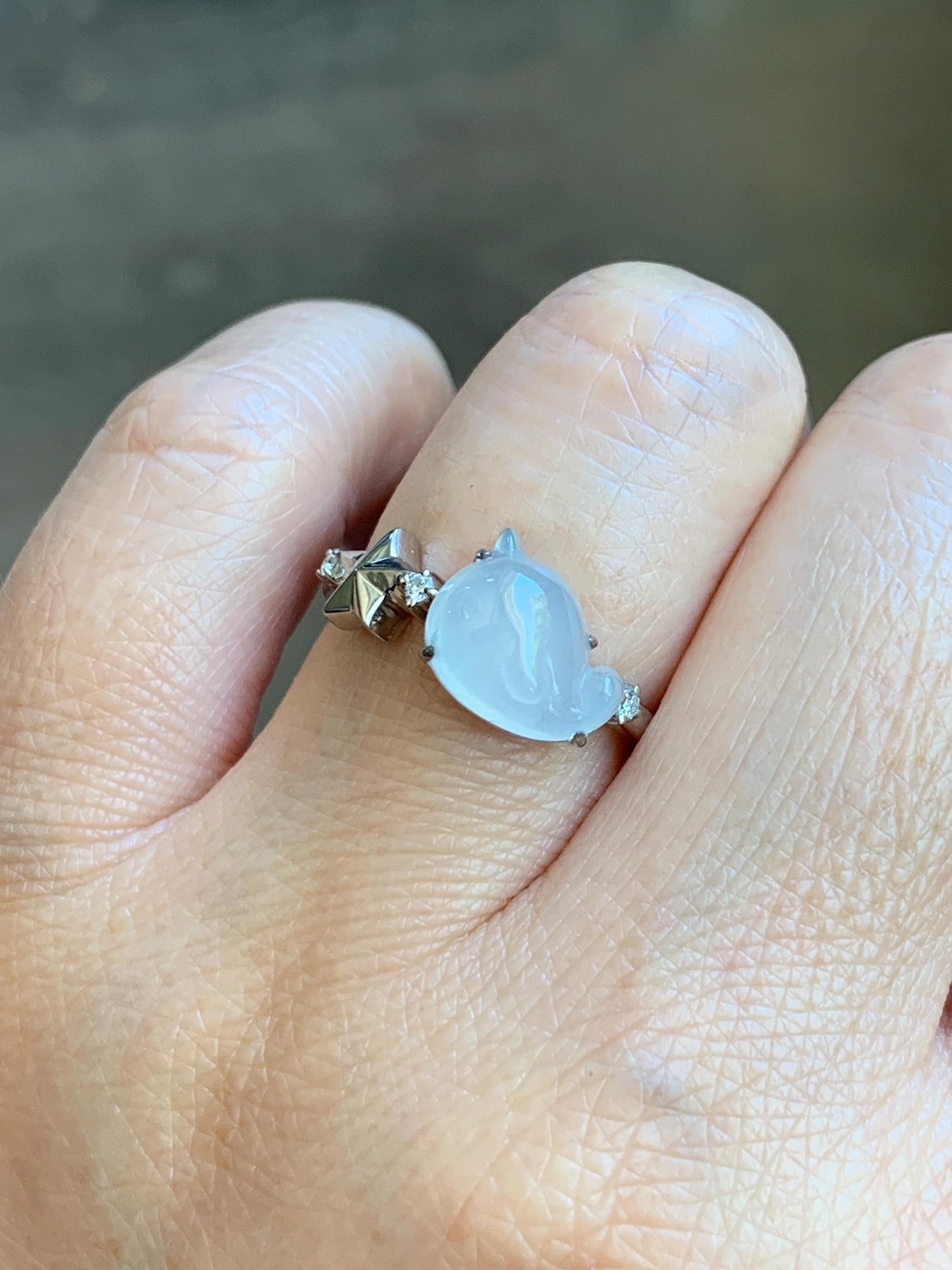 Certified Natural Grade A Icy Translucent White Jade Jadeite Carved Narwhal Unicorn Ring Sterling Silver Size 7.25 US 天然白冰翡翠独角鲸银镶戒指 226