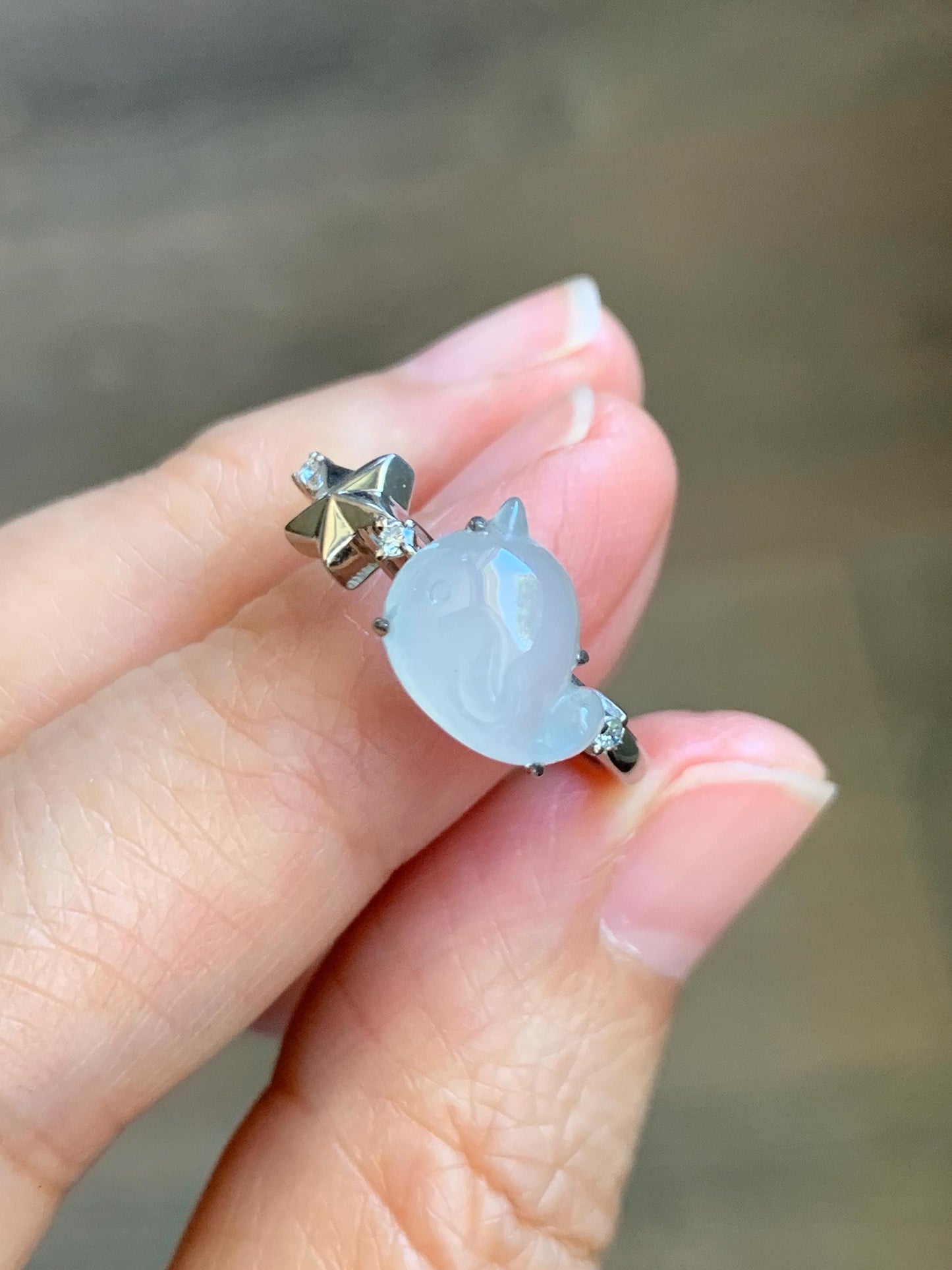 Certified Natural Grade A Icy Translucent White Jade Jadeite Carved Narwhal Unicorn Ring Sterling Silver Size 7.25 US 天然白冰翡翠独角鲸银镶戒指 226