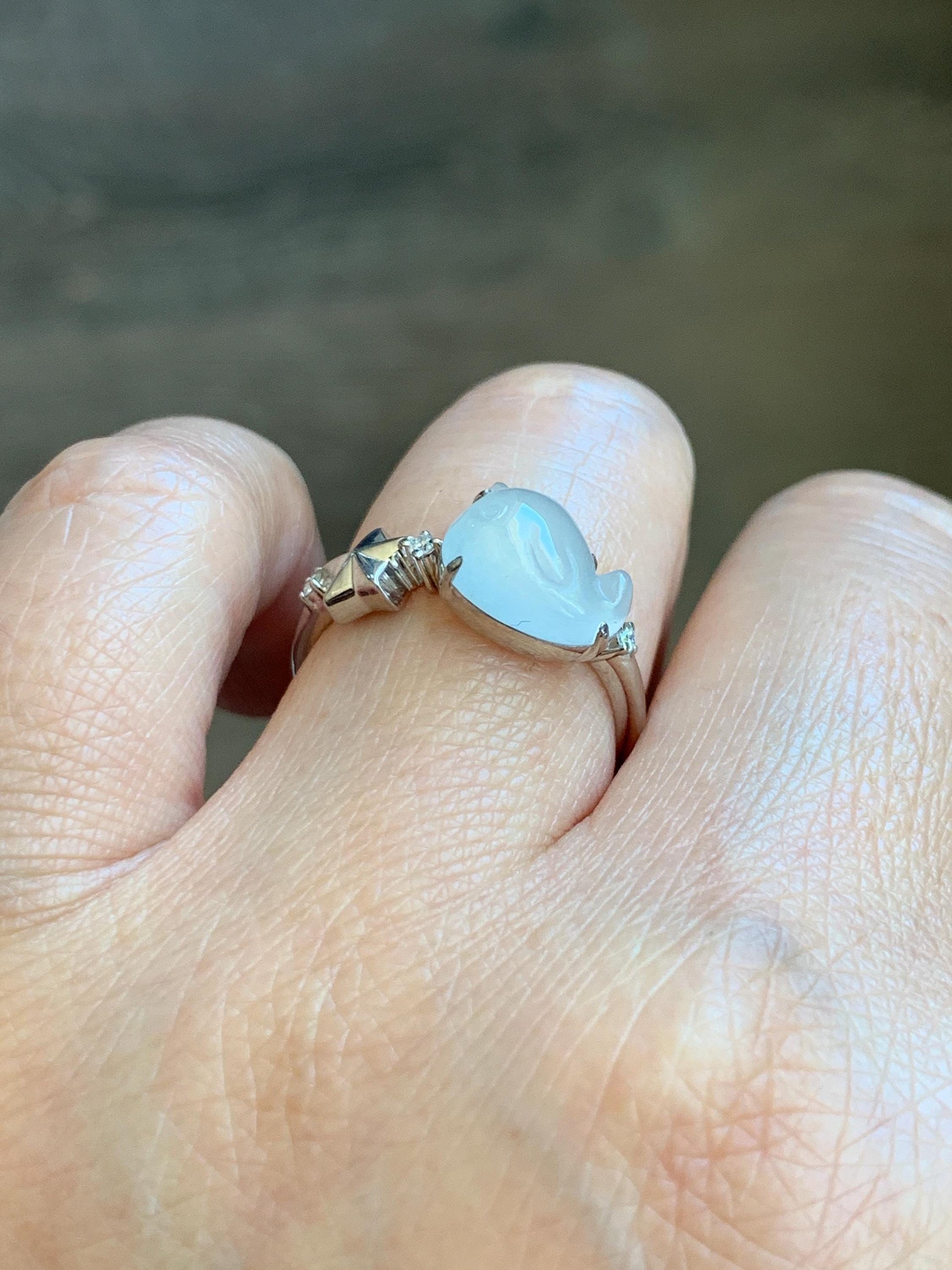Certified Natural Grade A Icy Translucent White Jade Jadeite Carved Narwhal Unicorn Ring Sterling Silver Size 7.25 US 天然白冰翡翠独角鲸银镶戒指 226