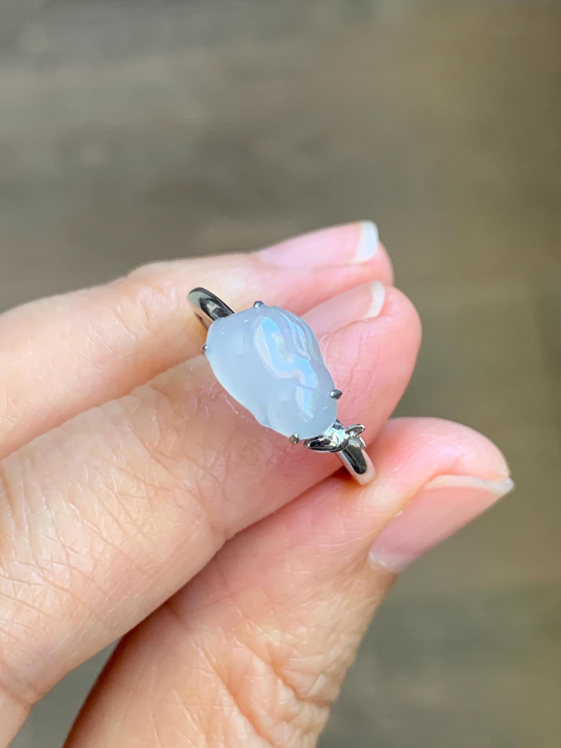 Certified Natural Grade A Icy Translucent White Jade Jadeite Carved Rabbit Carrot Ring Sterling Silver Size 7.25 US 天然白冰翡翠小兔胡萝卜银镶戒指 225