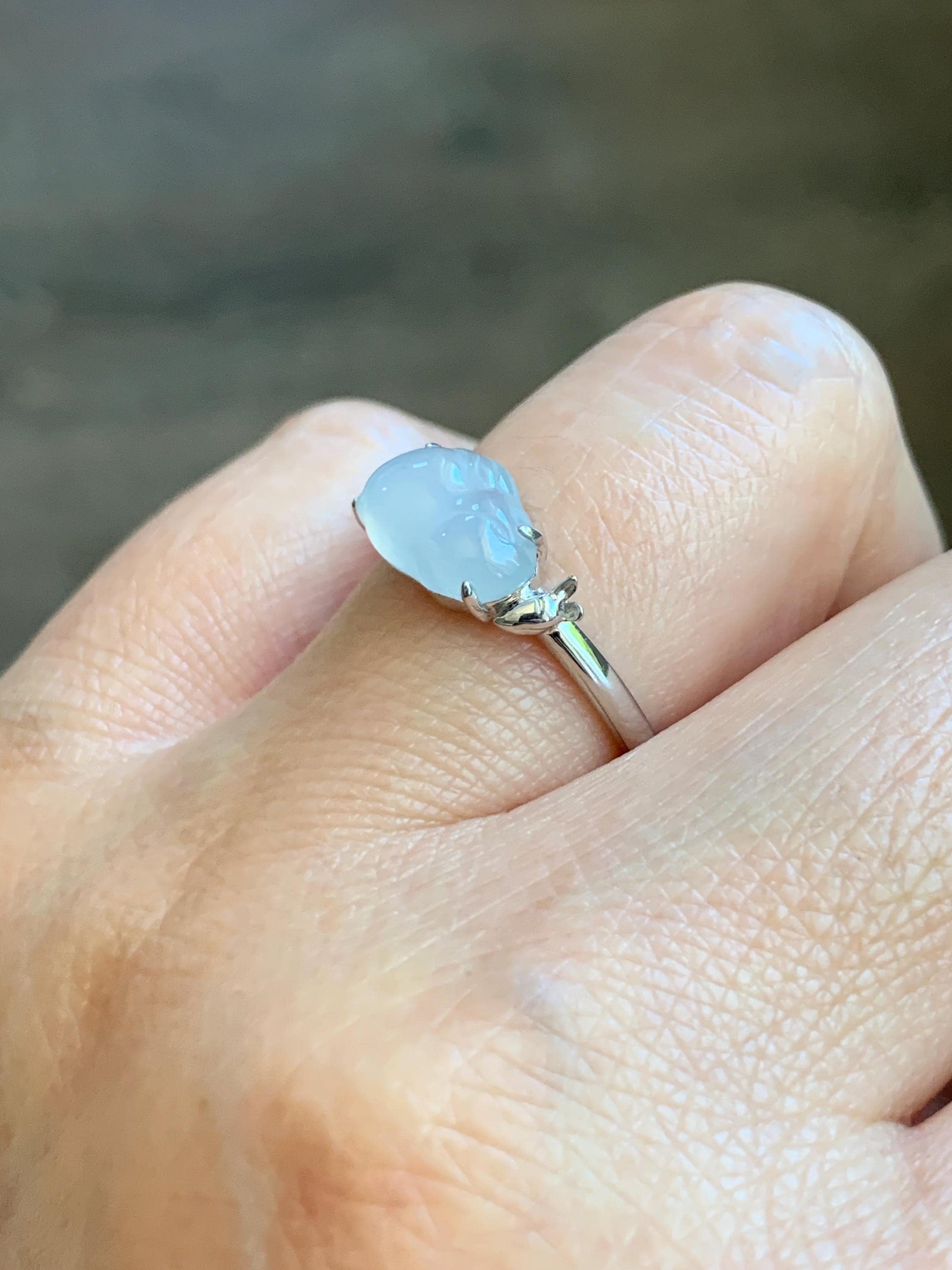 Certified Natural Grade A Icy Translucent White Jade Jadeite Carved Rabbit Carrot Ring Sterling Silver Size 7.25 US 天然白冰翡翠小兔胡萝卜银镶戒指 225