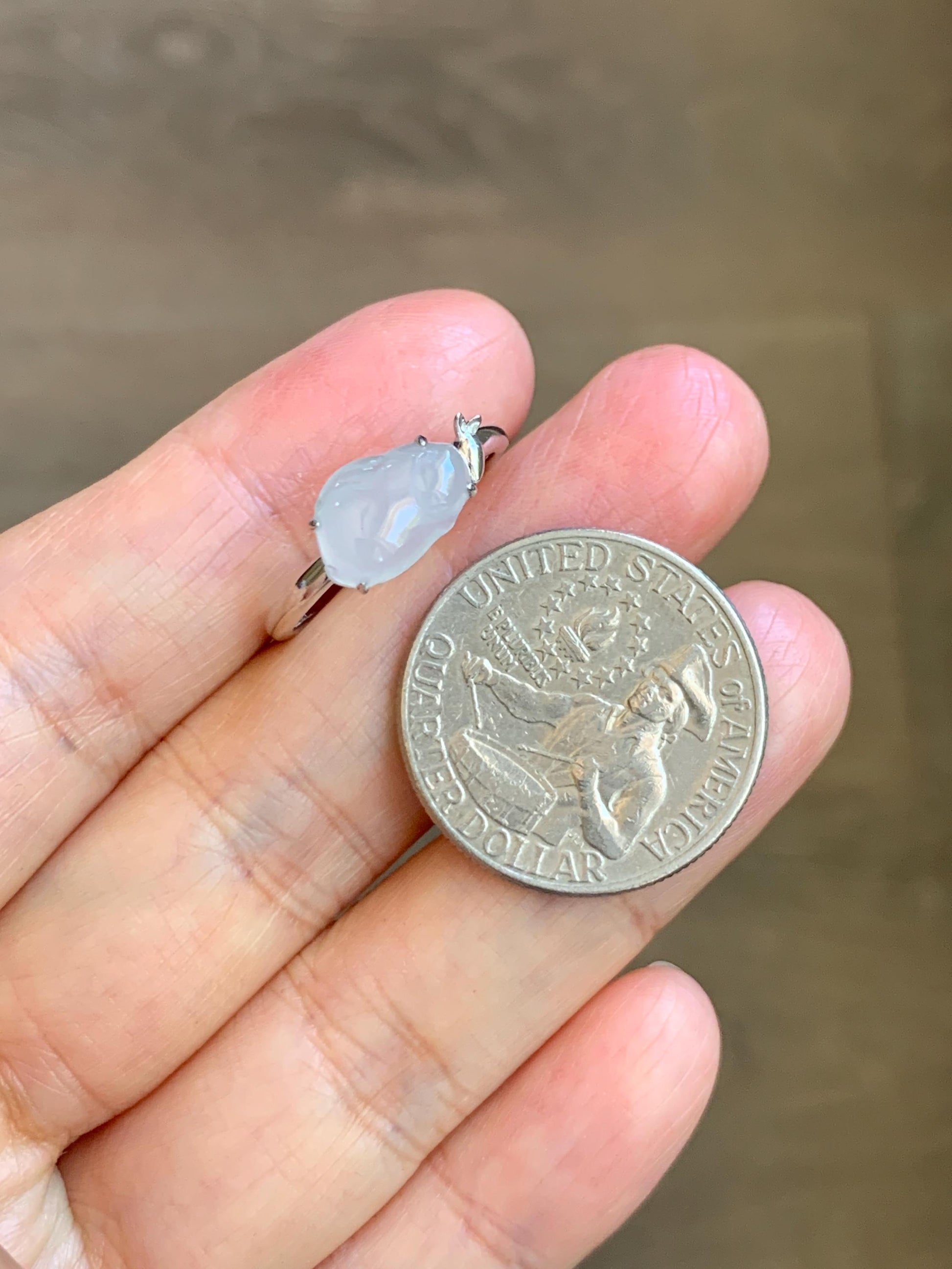 Certified Natural Grade A Icy Translucent White Jade Jadeite Carved Rabbit Carrot Ring Sterling Silver Size 7.25 US 天然白冰翡翠小兔胡萝卜银镶戒指 225