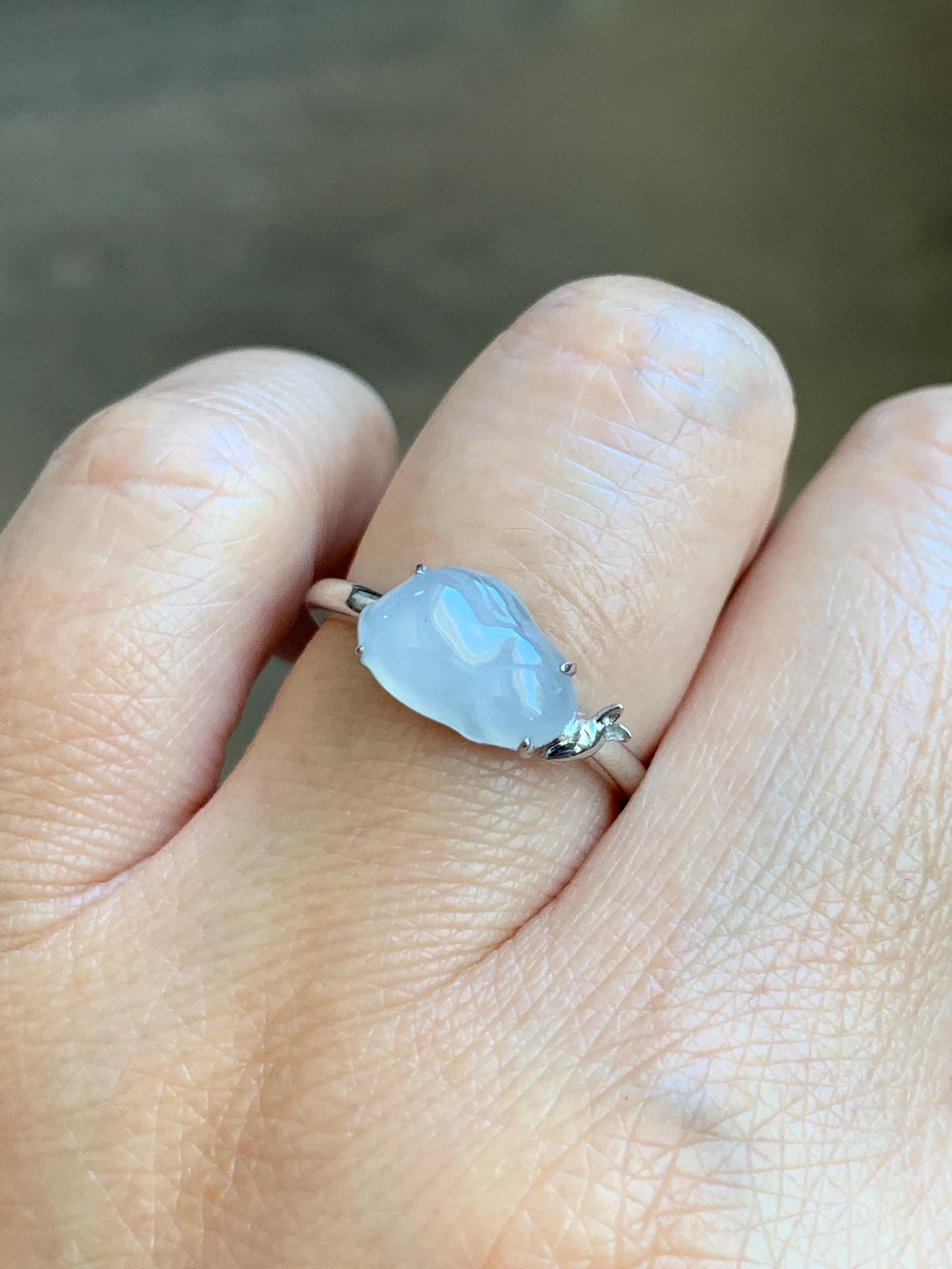 Certified Natural Grade A Icy Translucent White Jade Jadeite Carved Rabbit Carrot Ring Sterling Silver Size 7.25 US 天然白冰翡翠小兔胡萝卜银镶戒指 225