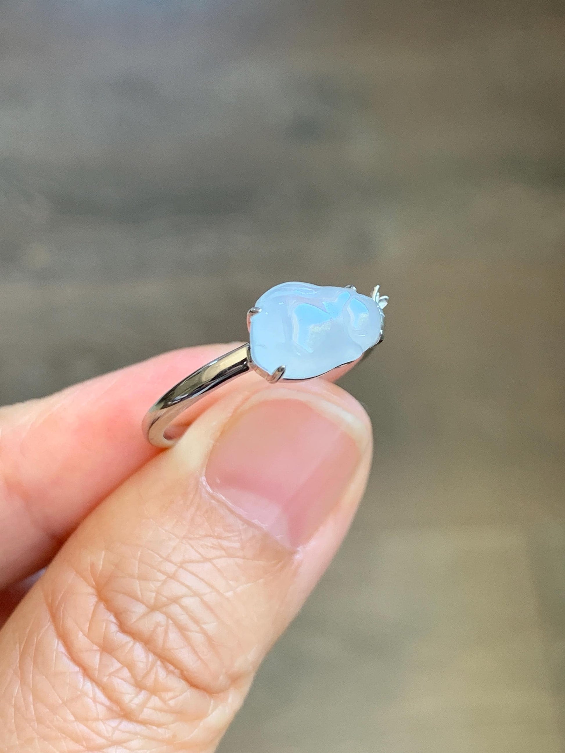 Certified Natural Grade A Icy Translucent White Jade Jadeite Carved Rabbit Carrot Ring Sterling Silver Size 7.25 US 天然白冰翡翠小兔胡萝卜银镶戒指 225