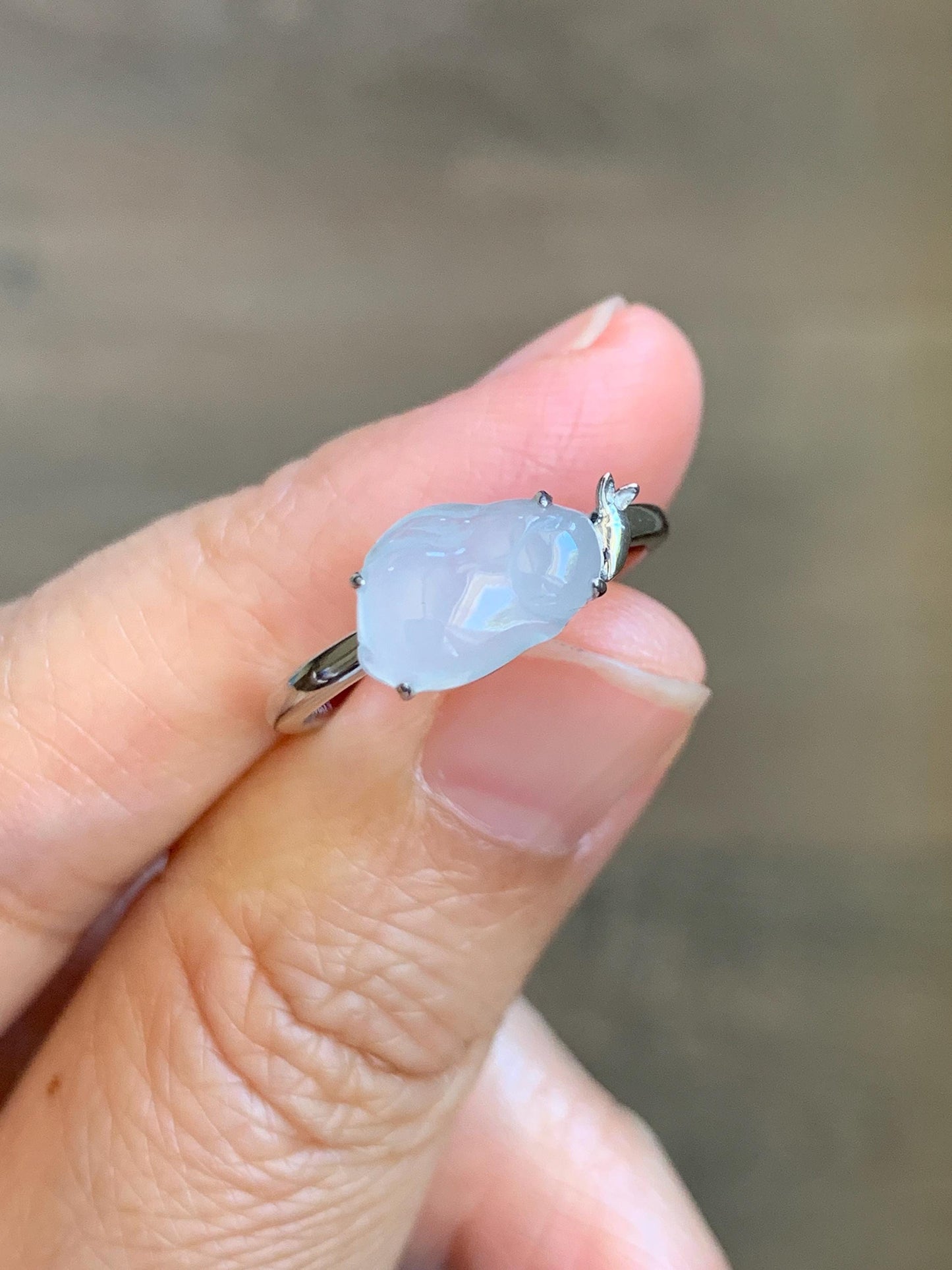 Certified Natural Grade A Icy Translucent White Jade Jadeite Carved Rabbit Carrot Ring Sterling Silver Size 7.25 US 天然白冰翡翠小兔胡萝卜银镶戒指 225