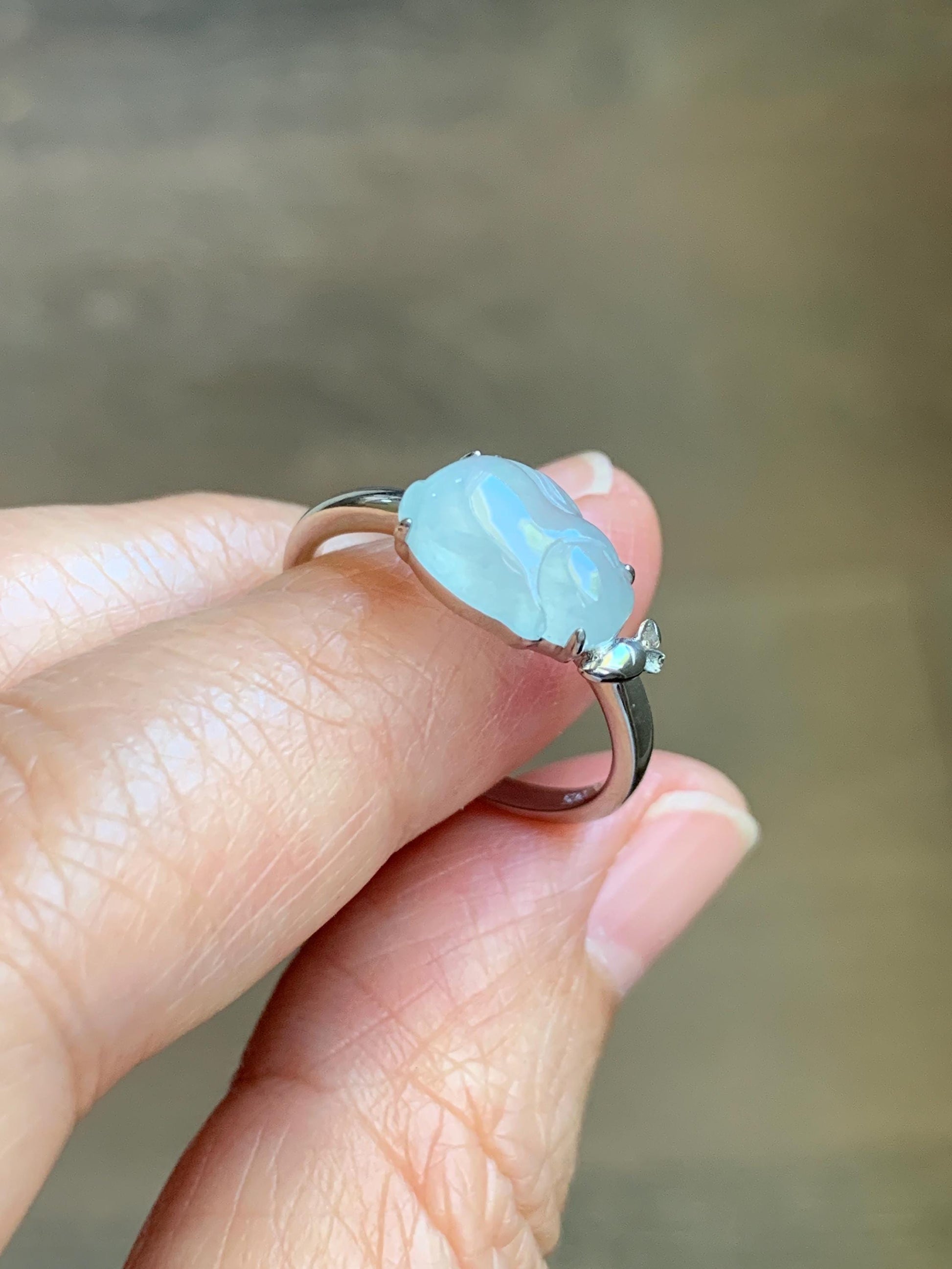 Certified Natural Grade A Icy Translucent White Jade Jadeite Carved Rabbit Carrot Ring Sterling Silver Size 7.25 US 天然白冰翡翠小兔胡萝卜银镶戒指 223