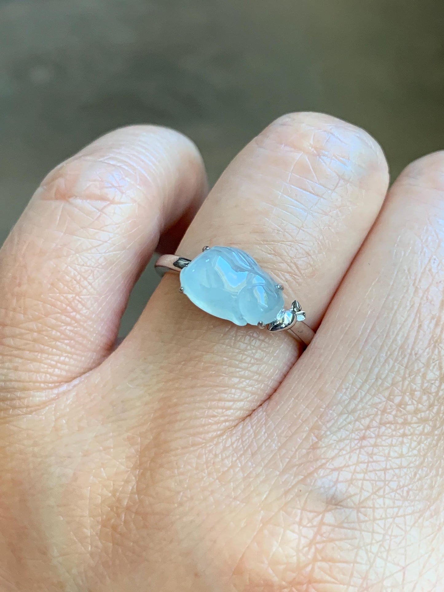 Certified Natural Grade A Icy Translucent White Jade Jadeite Carved Rabbit Carrot Ring Sterling Silver Size 7.25 US 天然白冰翡翠小兔胡萝卜银镶戒指 223