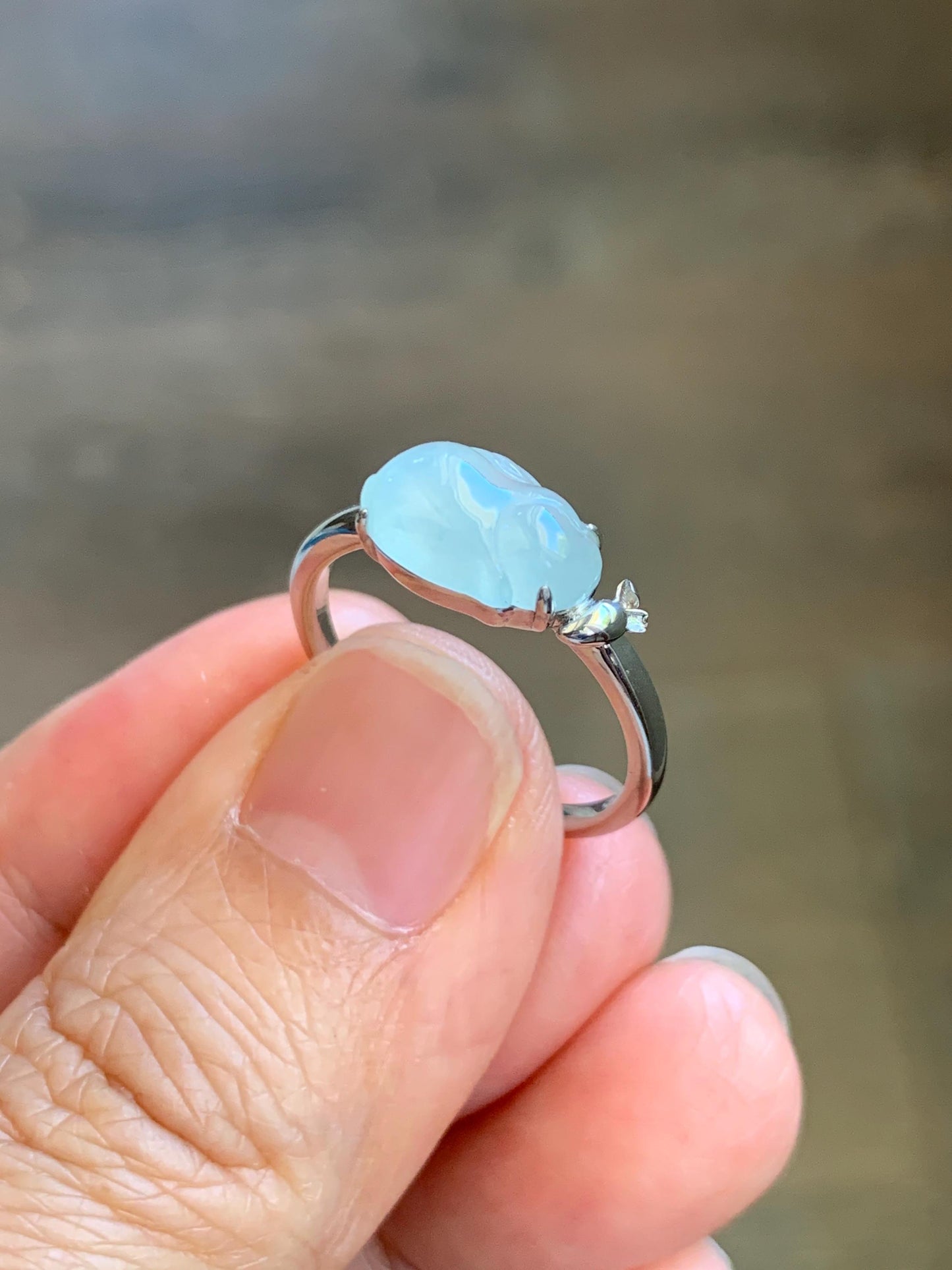 Certified Natural Grade A Icy Translucent White Jade Jadeite Carved Rabbit Carrot Ring Sterling Silver Size 7.25 US 天然白冰翡翠小兔胡萝卜银镶戒指 223