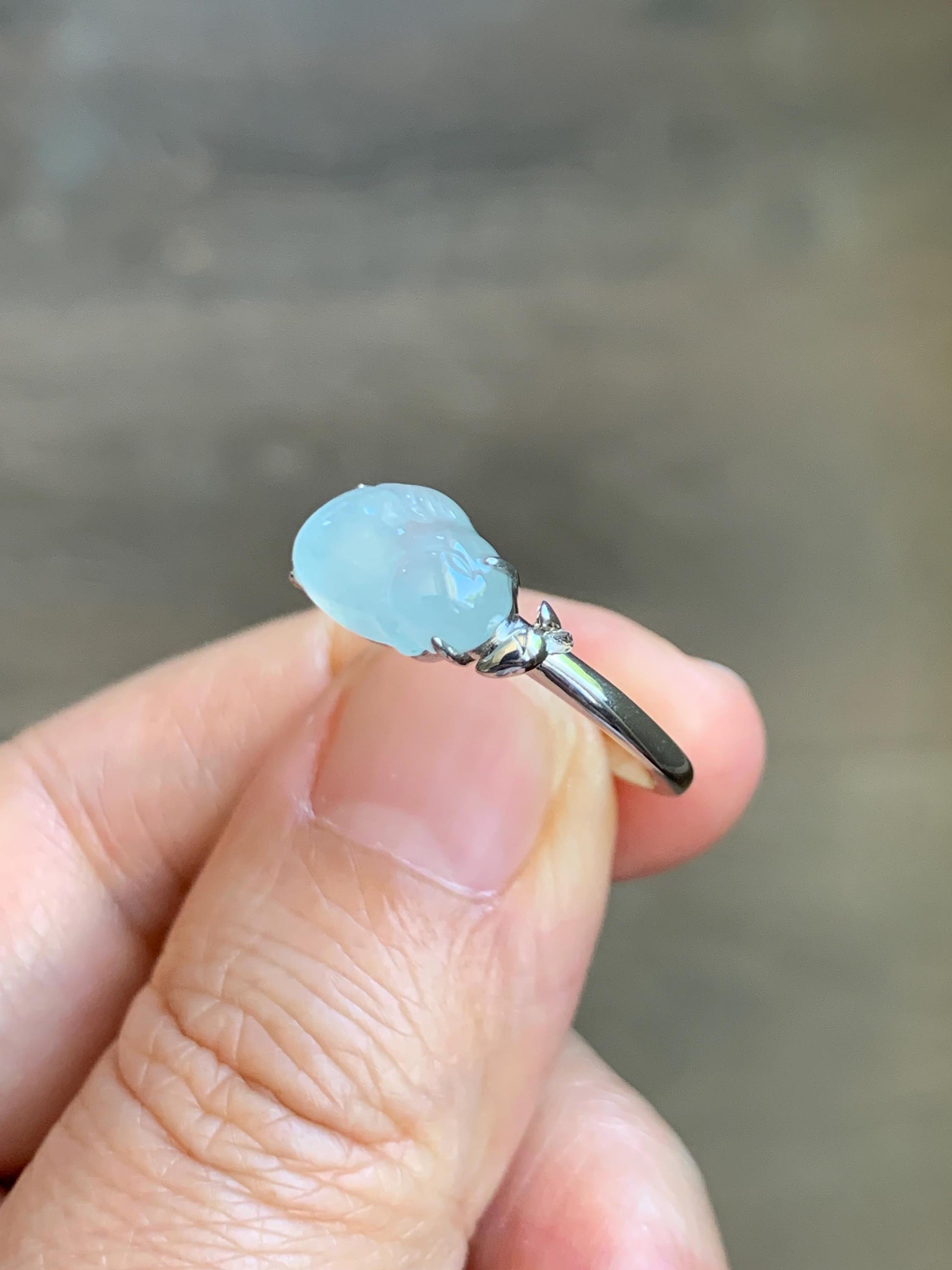 Certified Natural Grade A Icy Translucent White Jade Jadeite Carved Rabbit Carrot Ring Sterling Silver Size 7.25 US 天然白冰翡翠小兔胡萝卜银镶戒指 223