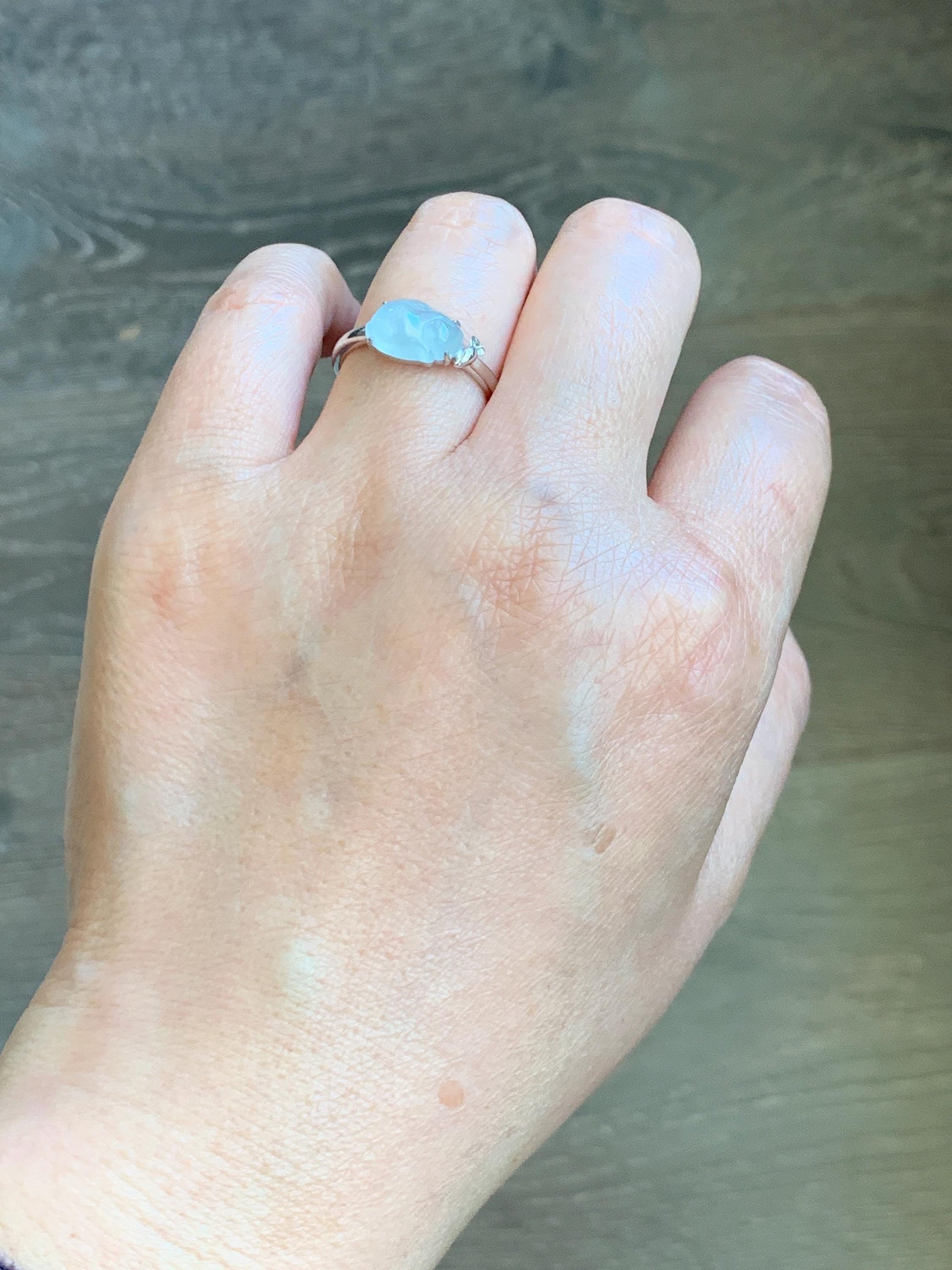Certified Natural Grade A Icy Translucent White Jade Jadeite Carved Rabbit Carrot Ring Sterling Silver Size 7.25 US 天然白冰翡翠小兔胡萝卜银镶戒指 223