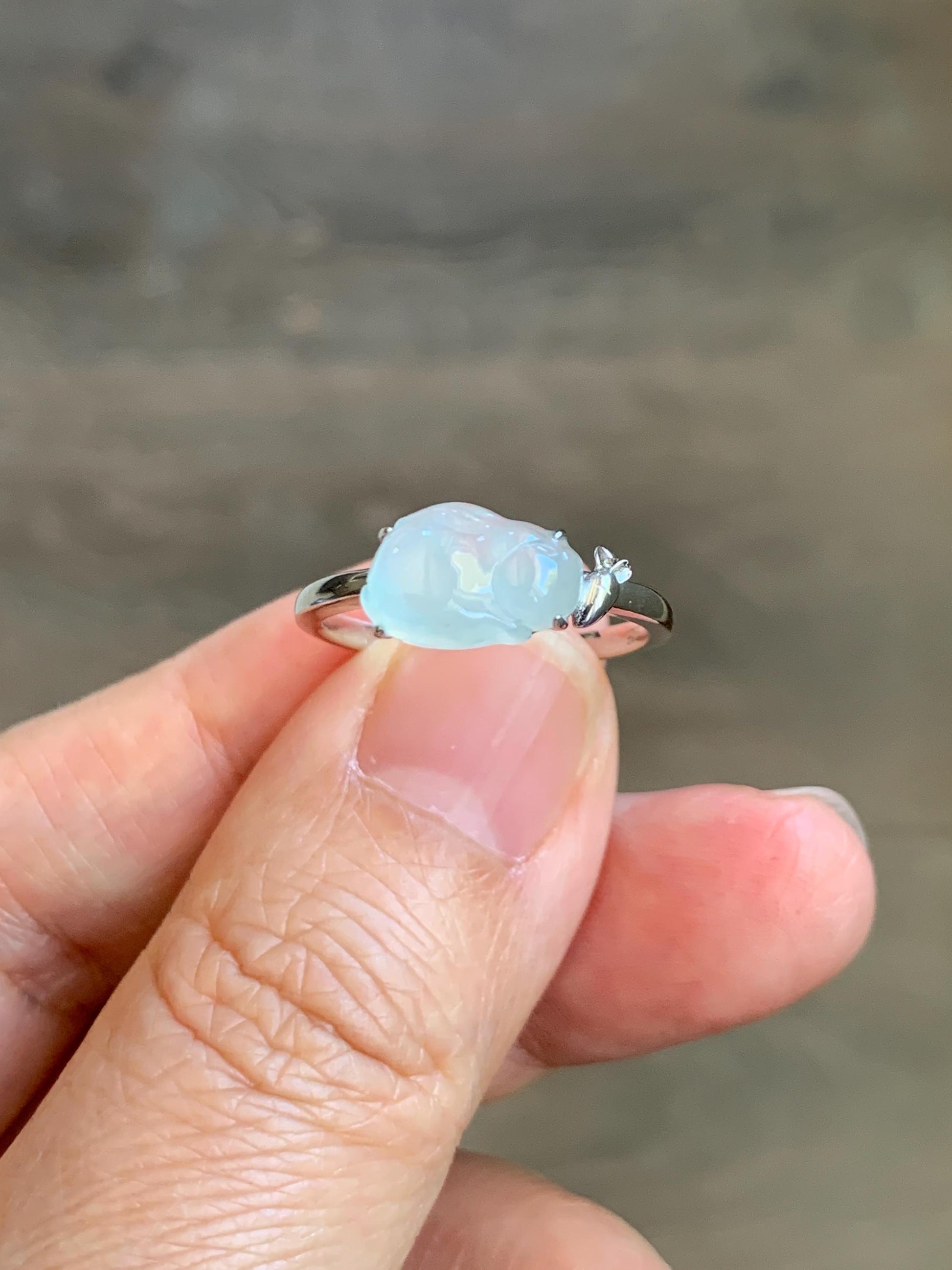 Certified Natural Grade A Icy Translucent White Jade Jadeite Carved Rabbit Carrot Ring Sterling Silver Size 7.25 US 天然白冰翡翠小兔胡萝卜银镶戒指 223