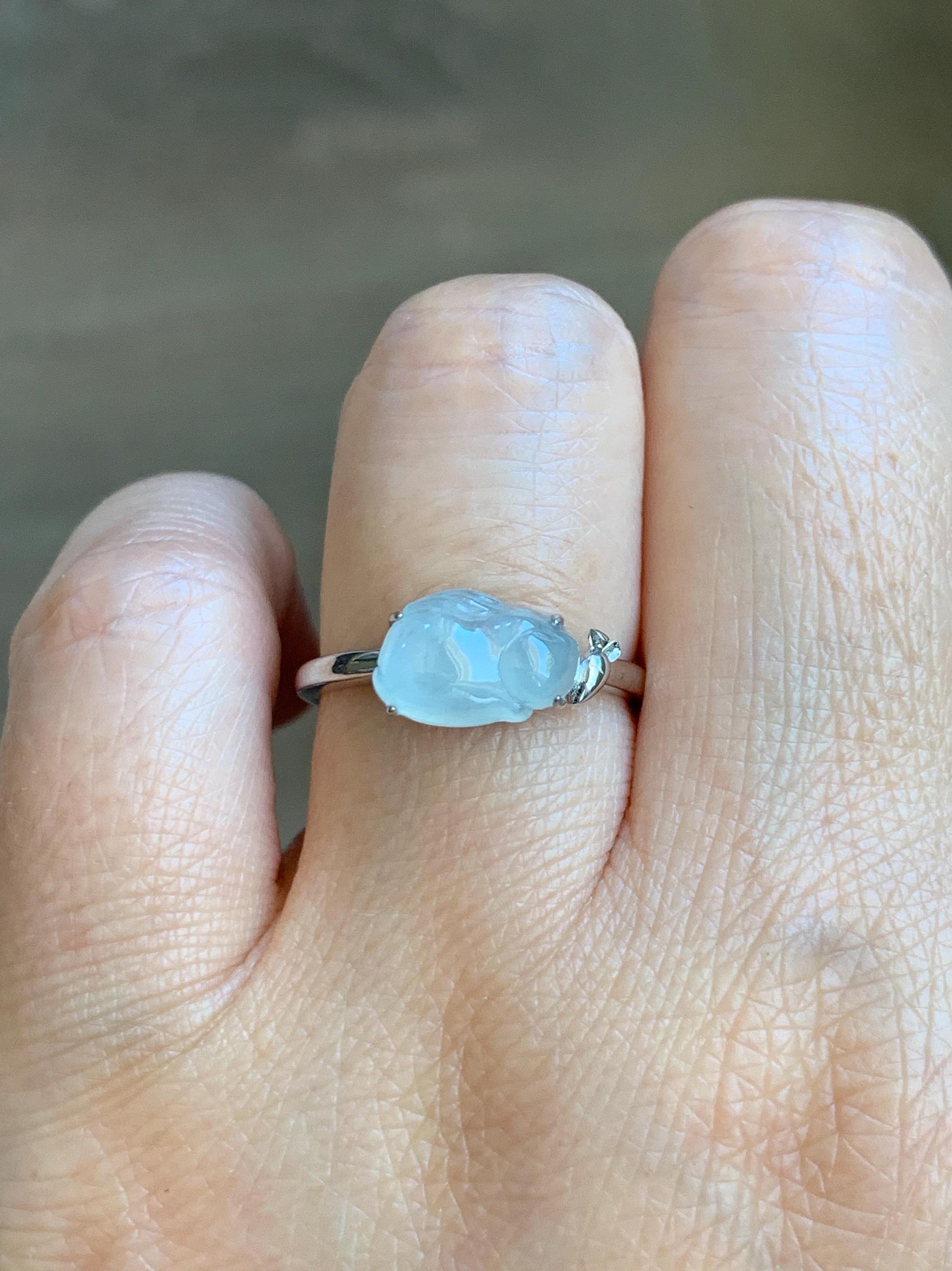 Certified Natural Grade A Icy Translucent White Jade Jadeite Carved Rabbit Carrot Ring Sterling Silver Size 7.25 US 天然白冰翡翠小兔胡萝卜银镶戒指 223