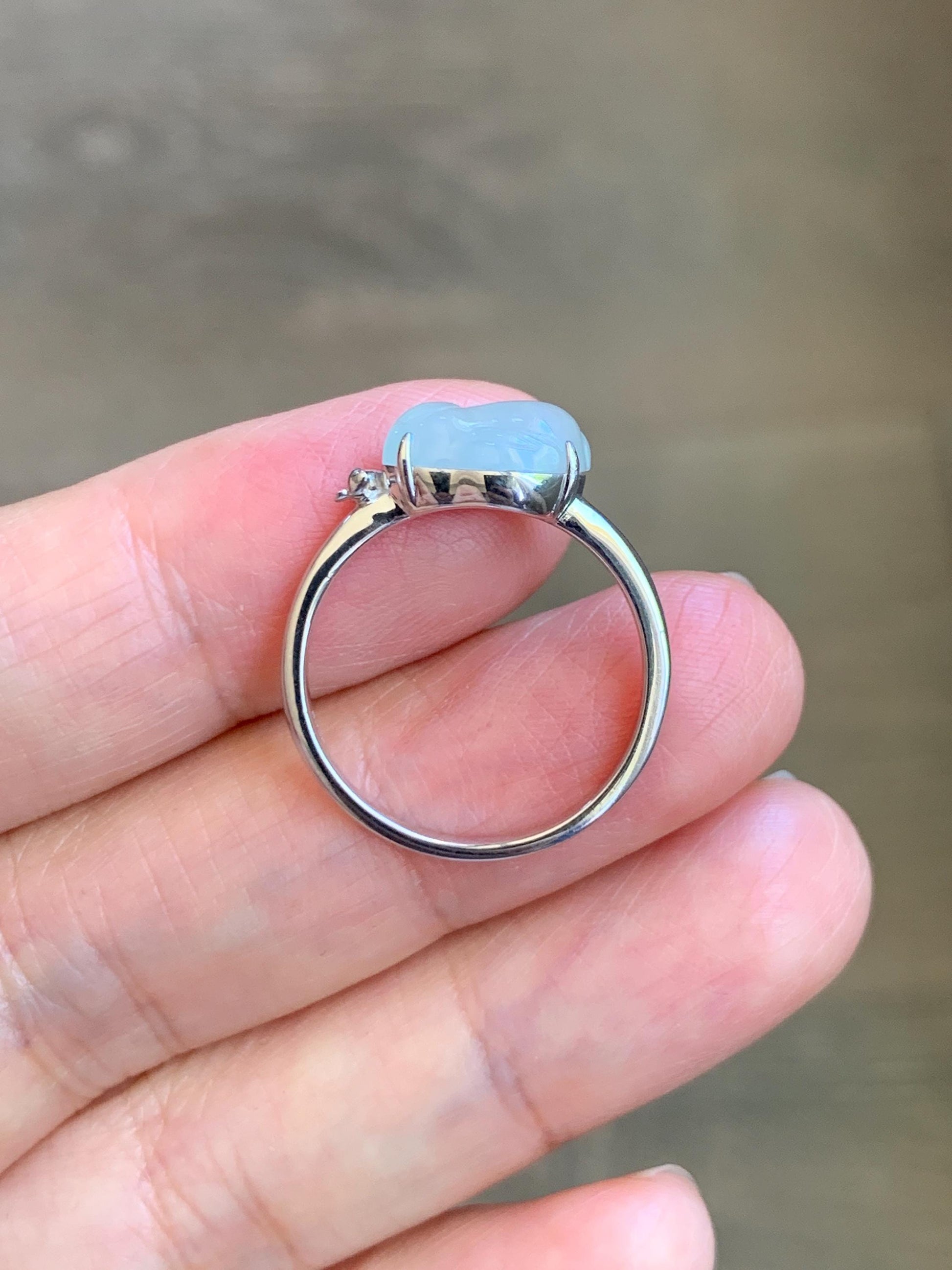 Certified Natural Grade A Icy Translucent White Jade Jadeite Carved Rabbit Carrot Ring Sterling Silver Size 7.25 US 天然白冰翡翠小兔胡萝卜银镶戒指 223