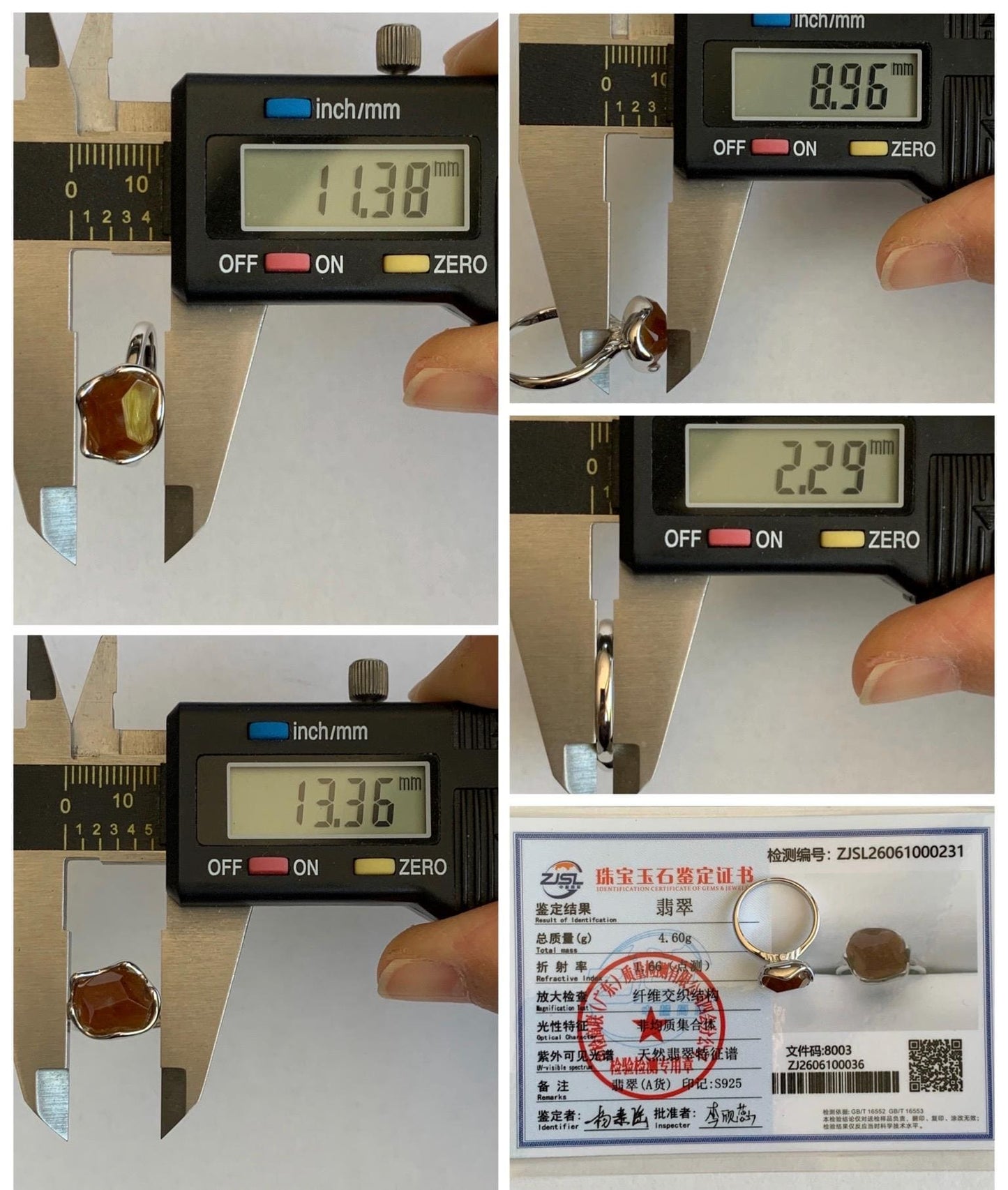 Certified Natural Grade A Icy Translucent Reddish Brown Faceted Jade Jadeite Solitaire Ring Sterling Silver Size 7.25 US 天然冰红翡翠银镶戒指 231