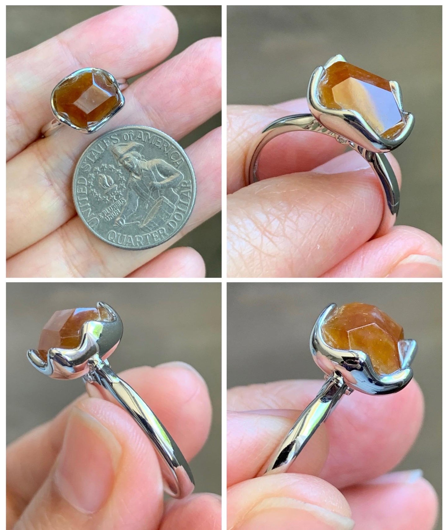 Certified Natural Grade A Icy Translucent Reddish Brown Faceted Jade Jadeite Solitaire Ring Sterling Silver Size 7.25 US 天然冰红翡翠银镶戒指 231