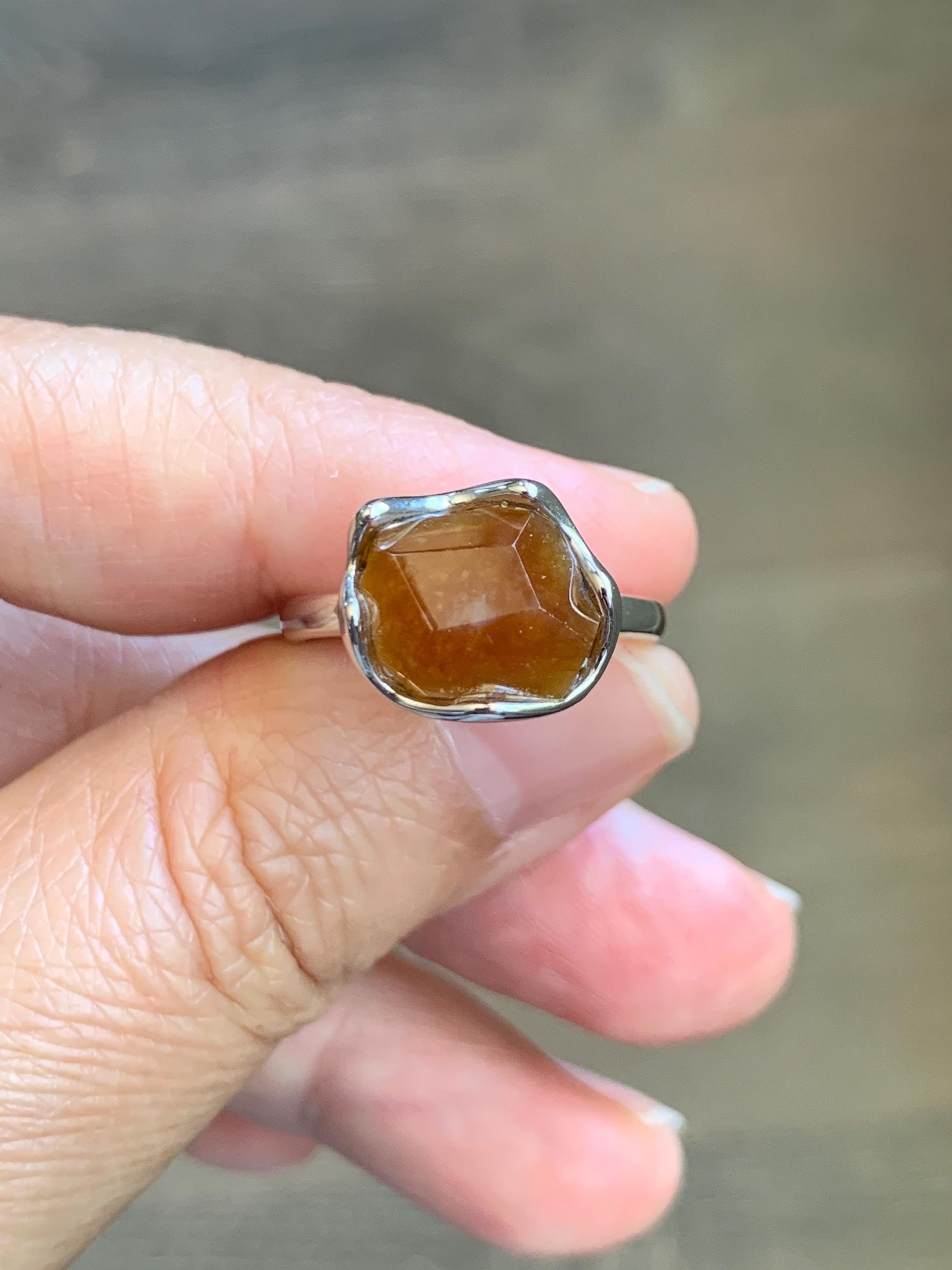 Certified Natural Grade A Icy Translucent Reddish Brown Faceted Jade Jadeite Solitaire Ring Sterling Silver Size 7.25 US 天然冰红翡翠银镶戒指 231