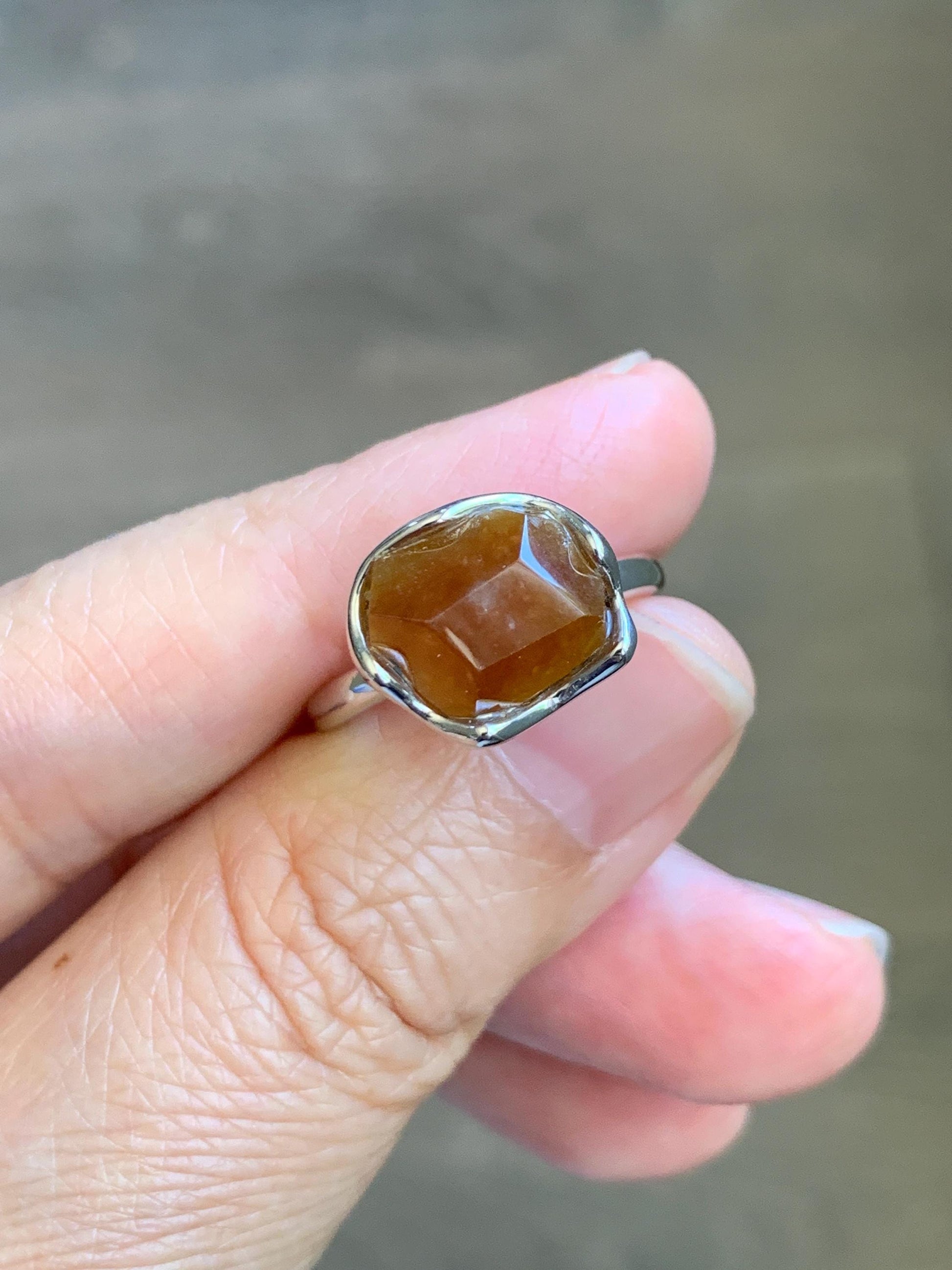 Certified Natural Grade A Icy Translucent Reddish Brown Faceted Jade Jadeite Solitaire Ring Sterling Silver Size 7.25 US 天然冰红翡翠银镶戒指 231