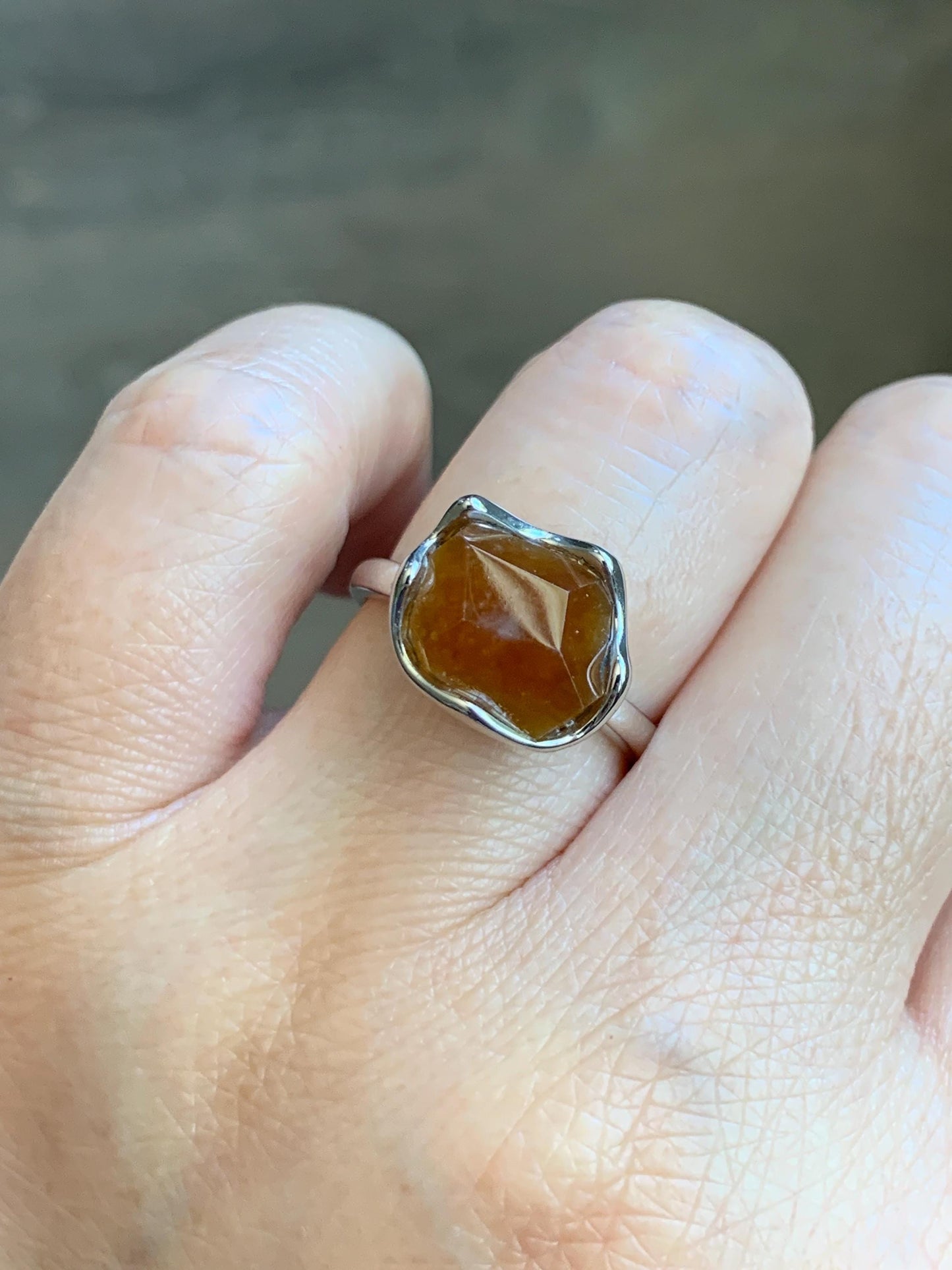 Certified Natural Grade A Icy Translucent Reddish Brown Faceted Jade Jadeite Solitaire Ring Sterling Silver Size 7.25 US 天然冰红翡翠银镶戒指 231
