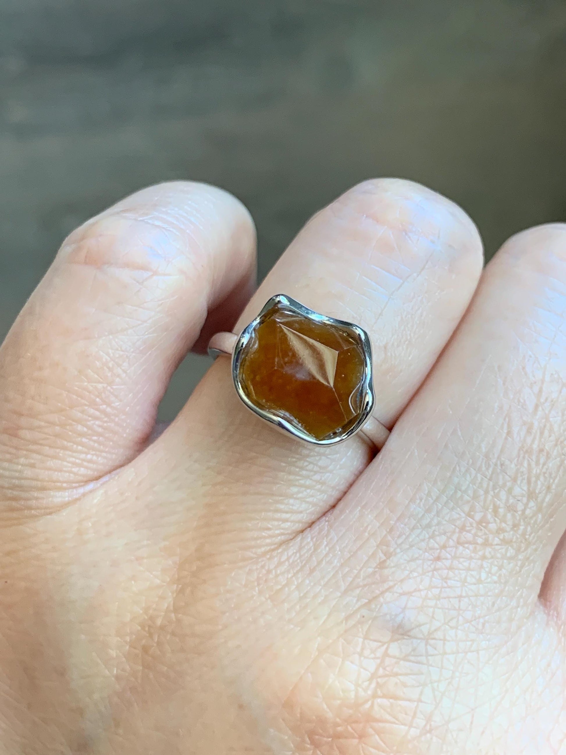 Certified Natural Grade A Icy Translucent Reddish Brown Faceted Jade Jadeite Solitaire Ring Sterling Silver Size 7.25 US 天然冰红翡翠银镶戒指 231