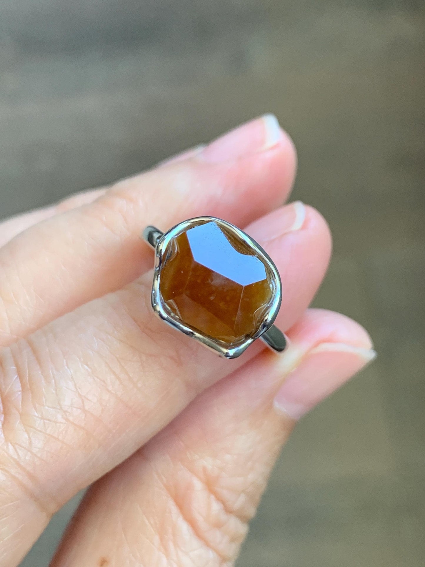 Certified Natural Grade A Icy Translucent Reddish Brown Faceted Jade Jadeite Solitaire Ring Sterling Silver Size 7.25 US 天然冰红翡翠银镶戒指 231