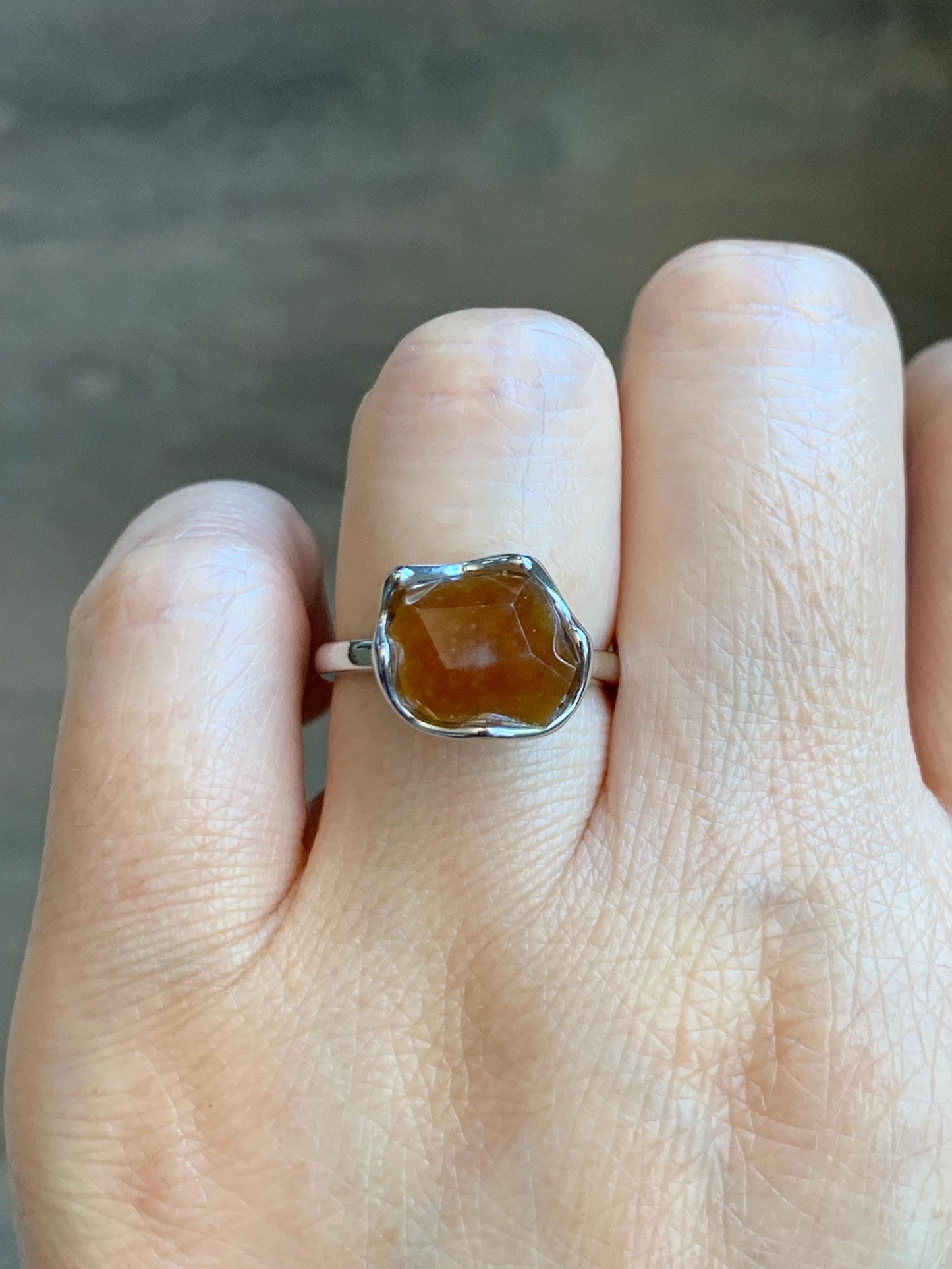 Certified Natural Grade A Icy Translucent Reddish Brown Faceted Jade Jadeite Solitaire Ring Sterling Silver Size 7.25 US 天然冰红翡翠银镶戒指 231