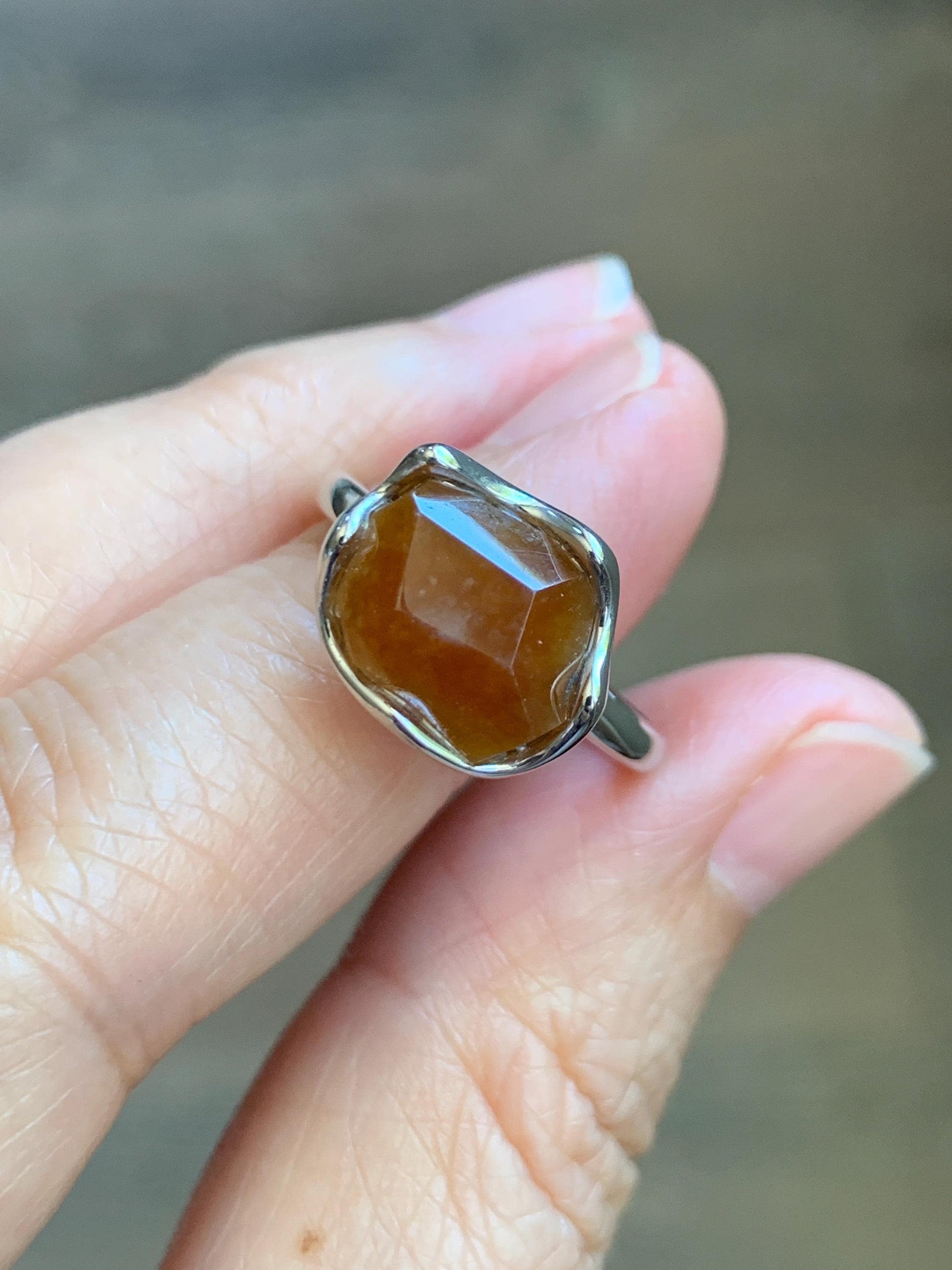 Certified Natural Grade A Icy Translucent Reddish Brown Faceted Jade Jadeite Solitaire Ring Sterling Silver Size 7.25 US 天然冰红翡翠银镶戒指 231