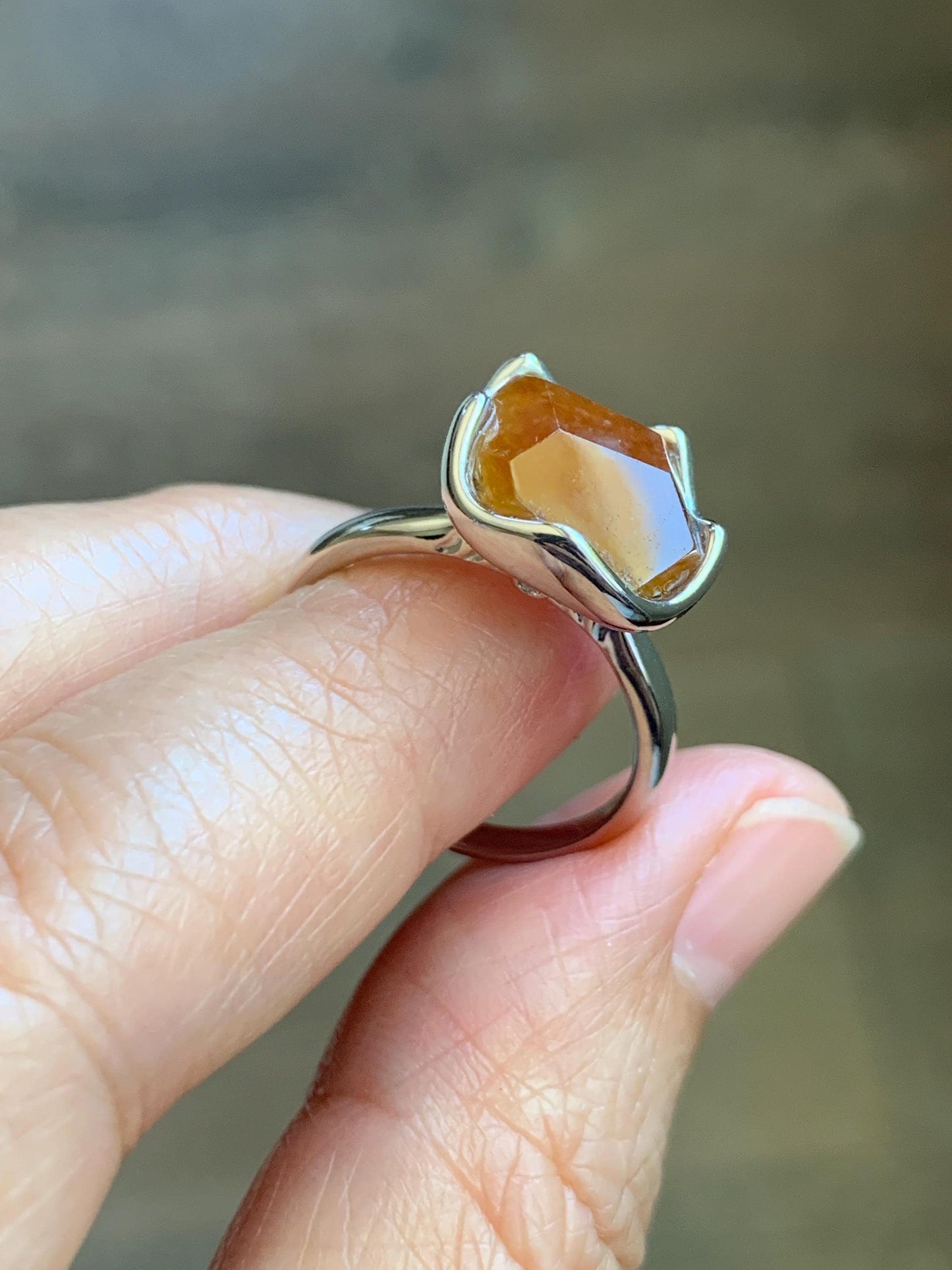 Certified Natural Grade A Icy Translucent Reddish Brown Faceted Jade Jadeite Solitaire Ring Sterling Silver Size 7.25 US 天然冰红翡翠银镶戒指 231