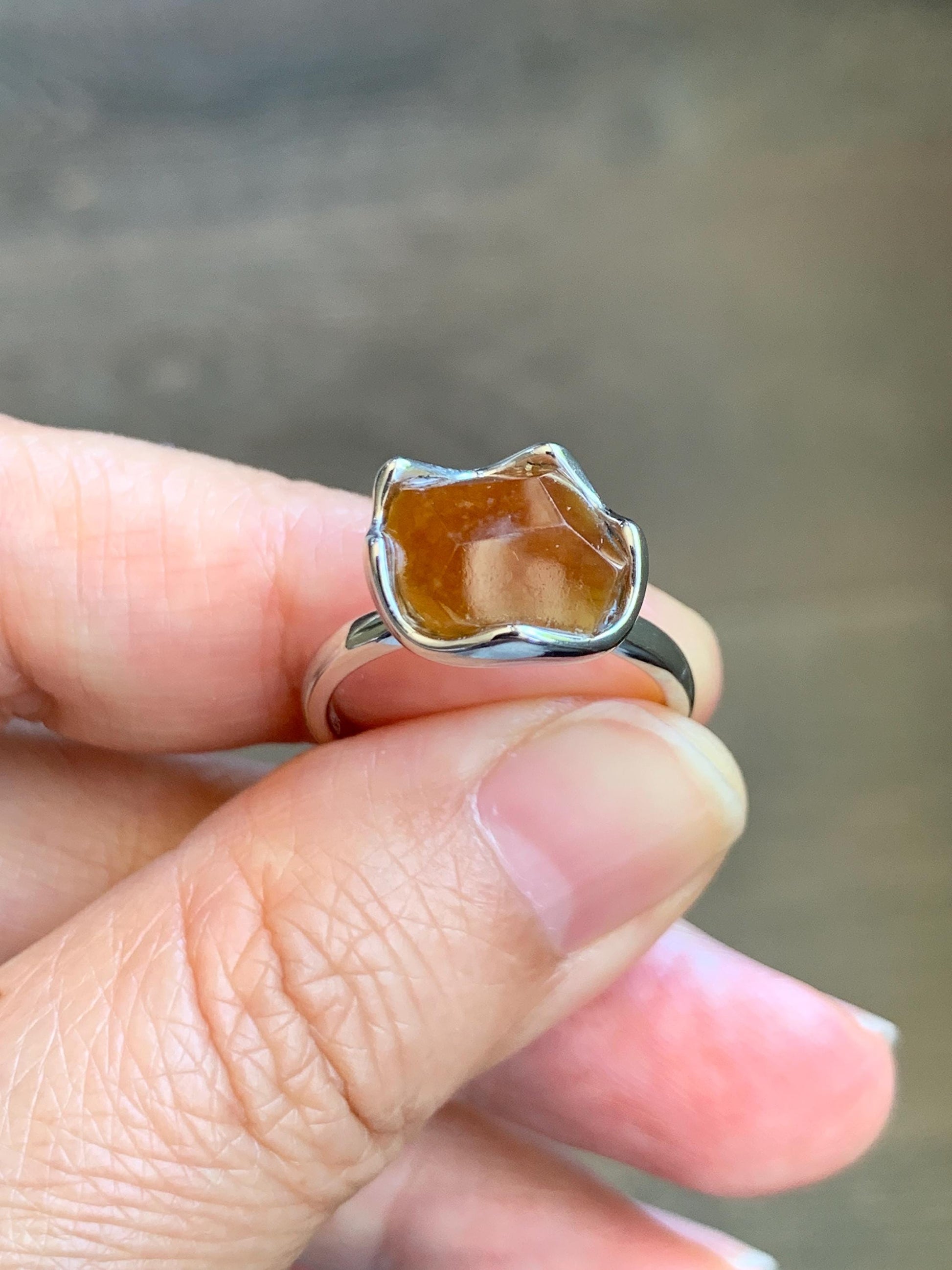Certified Natural Grade A Icy Translucent Reddish Brown Faceted Jade Jadeite Solitaire Ring Sterling Silver Size 7.25 US 天然冰红翡翠银镶戒指 231
